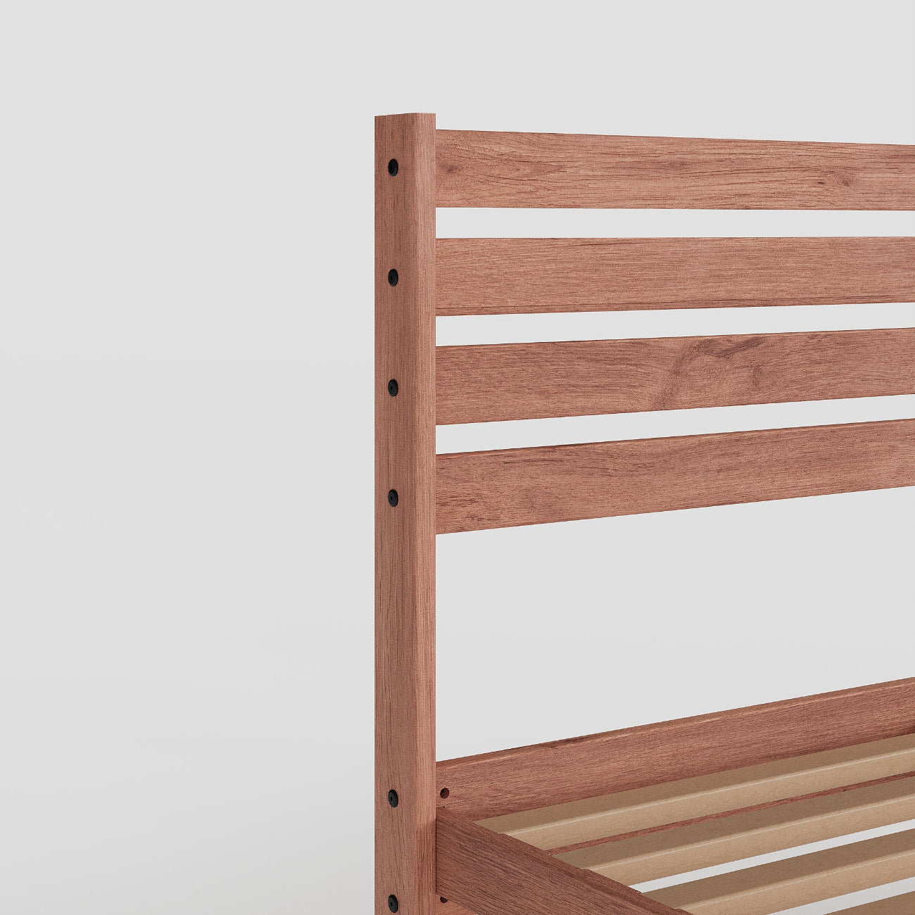 Wooden bed frame with slatted design on a white background
