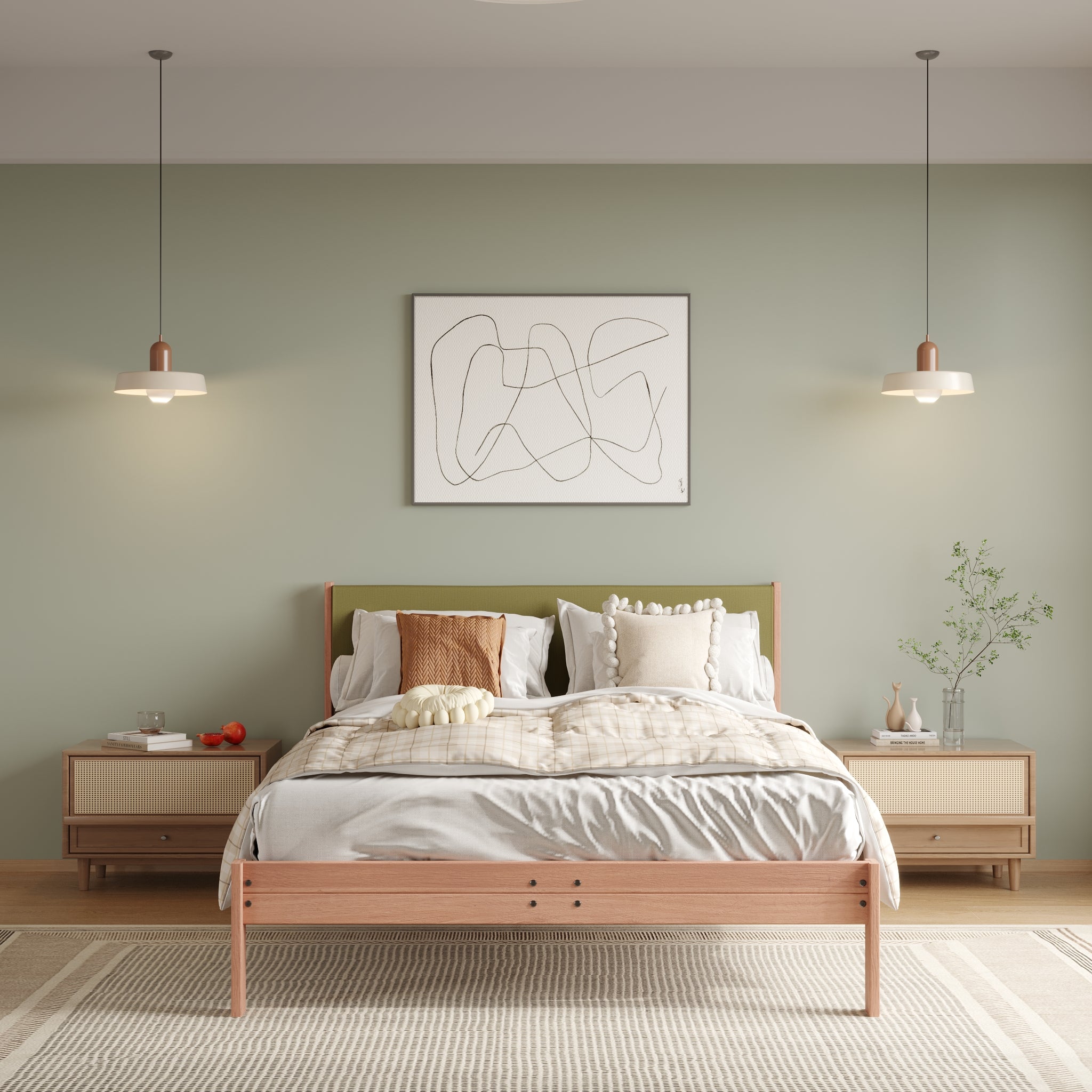 Solid Oak Bed + Headboard + Cushion