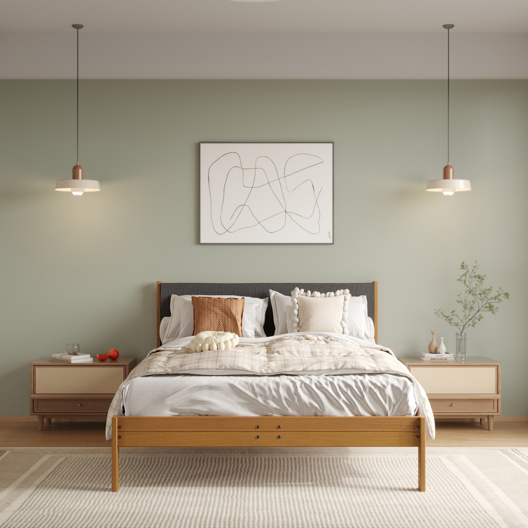 Solid Oak Bed + Headboard + Cushion