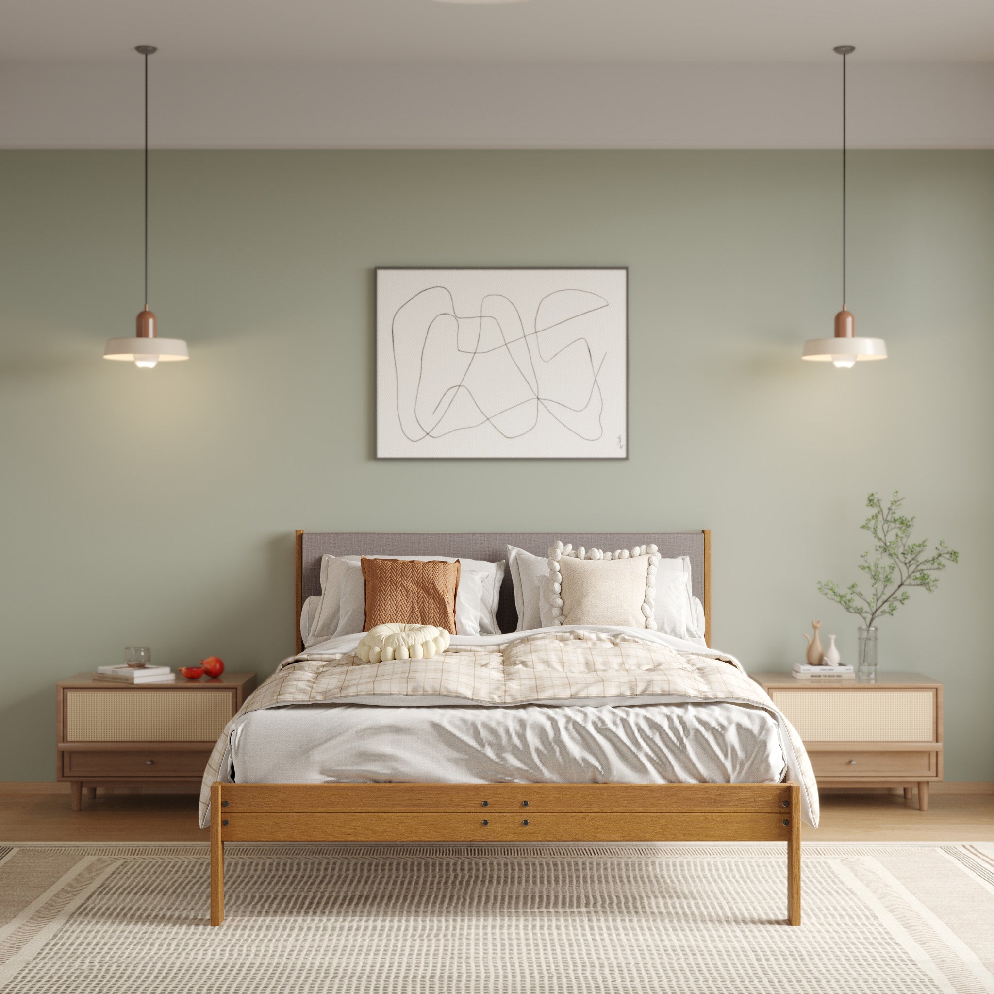 Solid Oak Bed + Headboard + Cushion