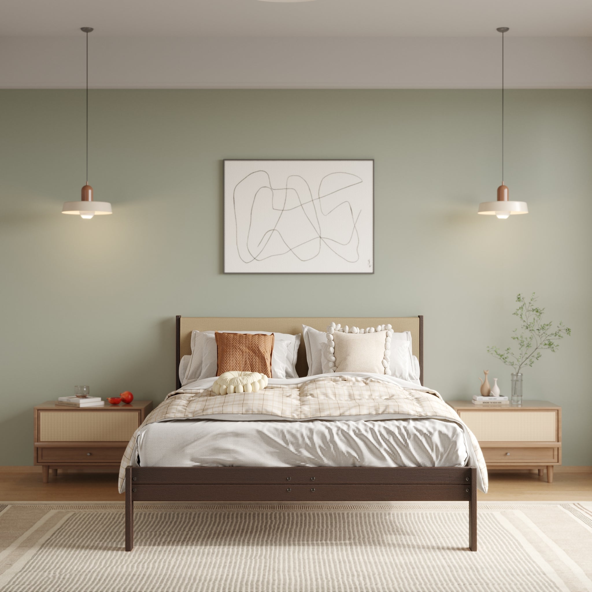 Solid Oak Bed + Headboard + Cushion