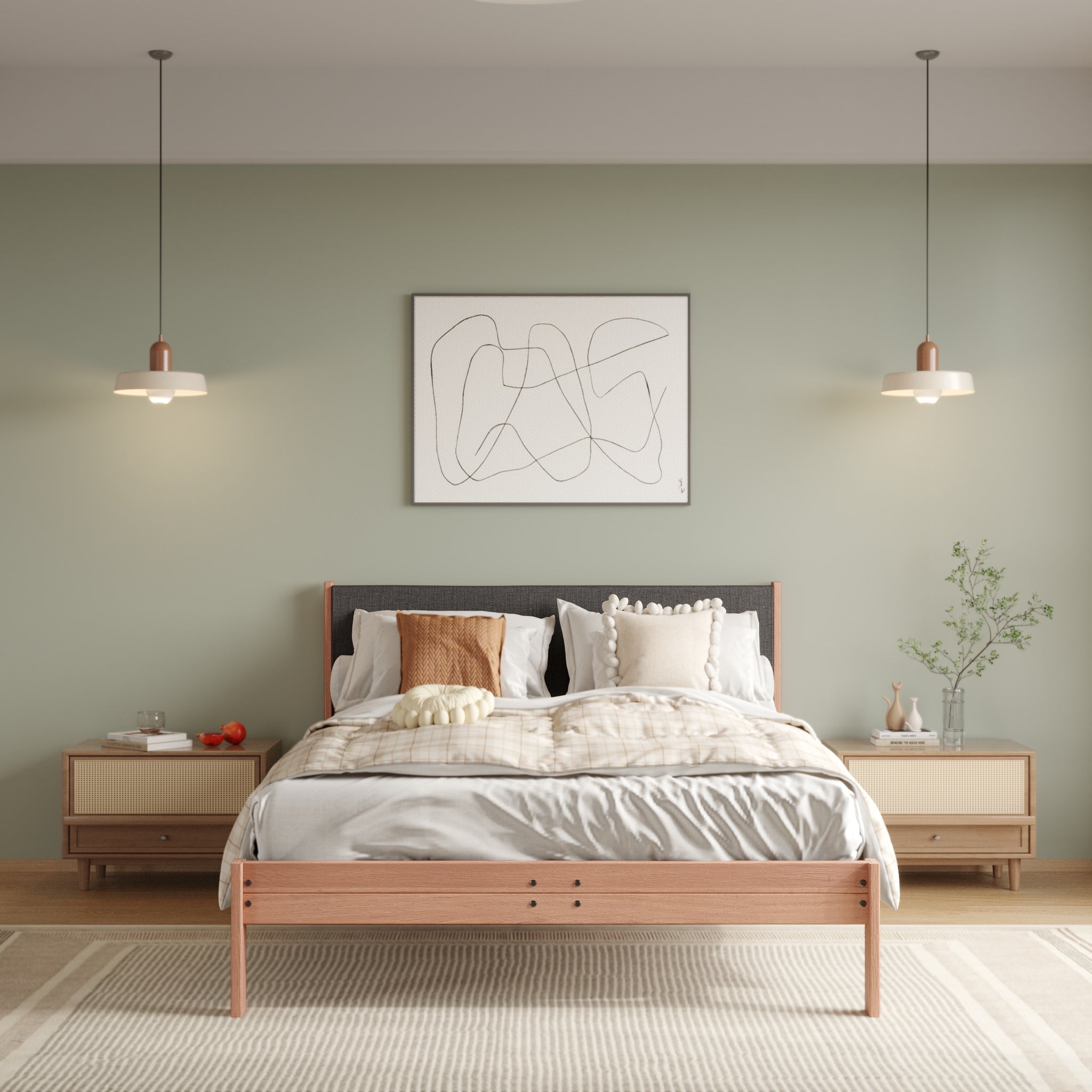 Solid Oak Bed + Headboard + Cushion