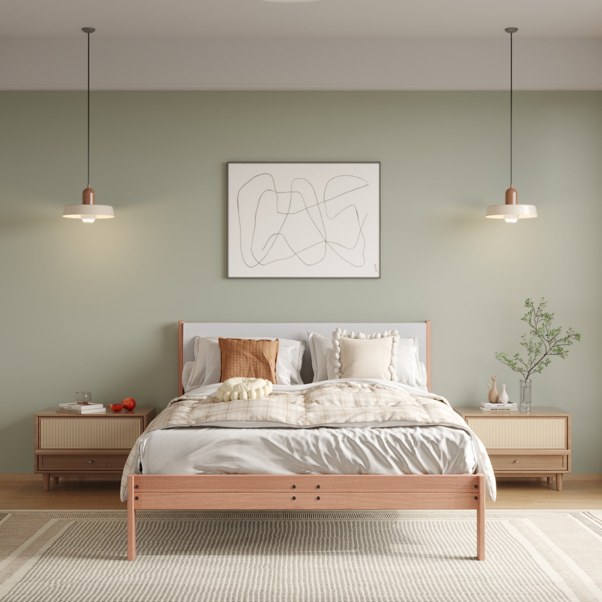 Solid Oak Bed + Headboard + Cushion