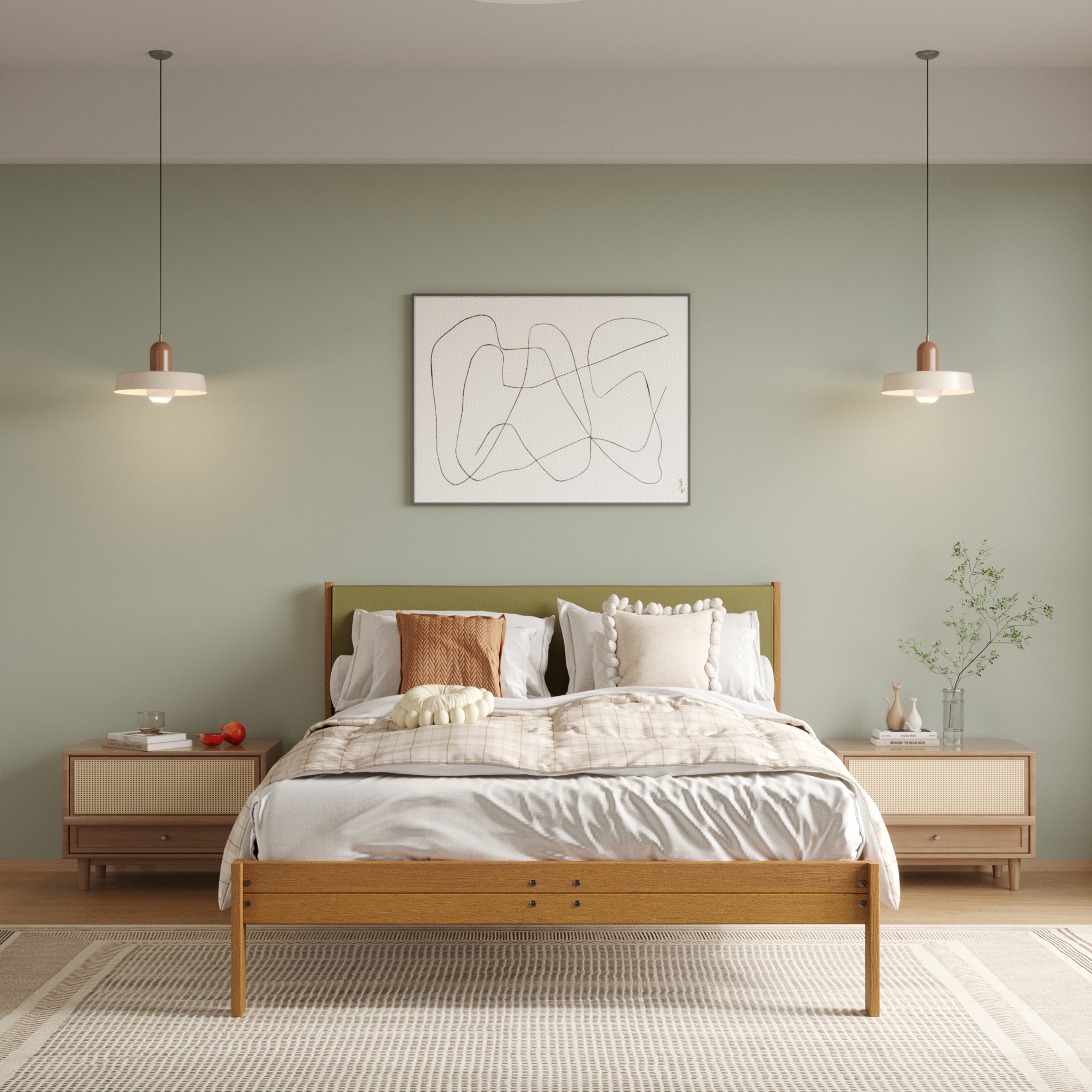 Solid Oak Bed + Headboard + Cushion