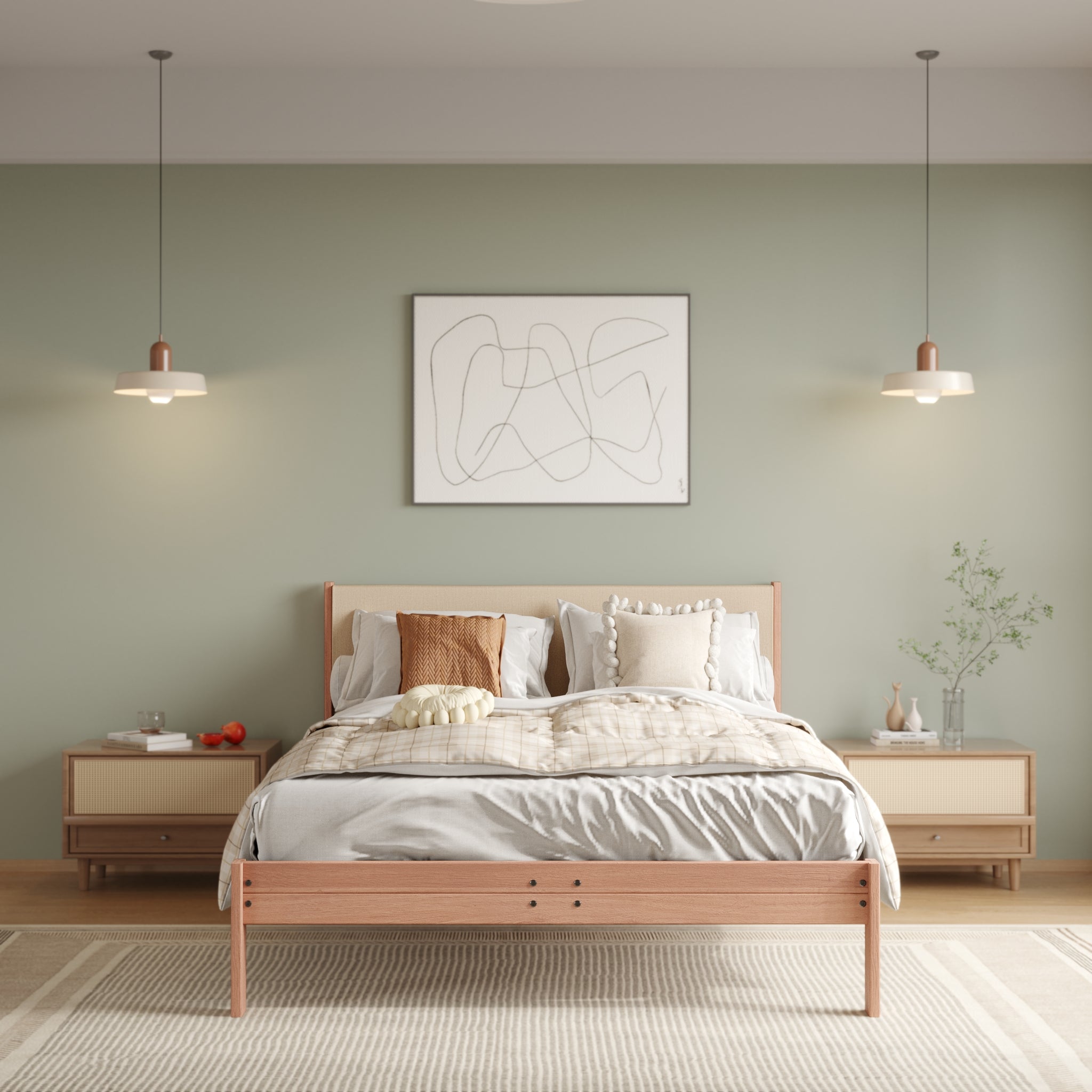 Solid Oak Bed + Headboard + Cushion
