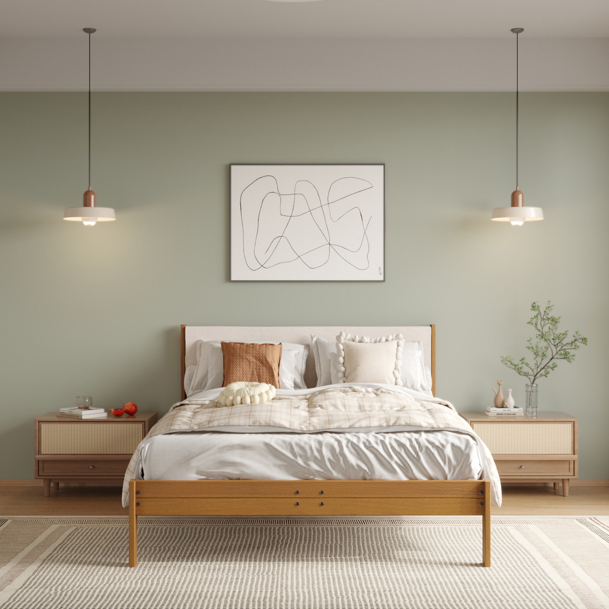 Modern bedroom with wooden bed, nightstands, and abstract art on the wall.