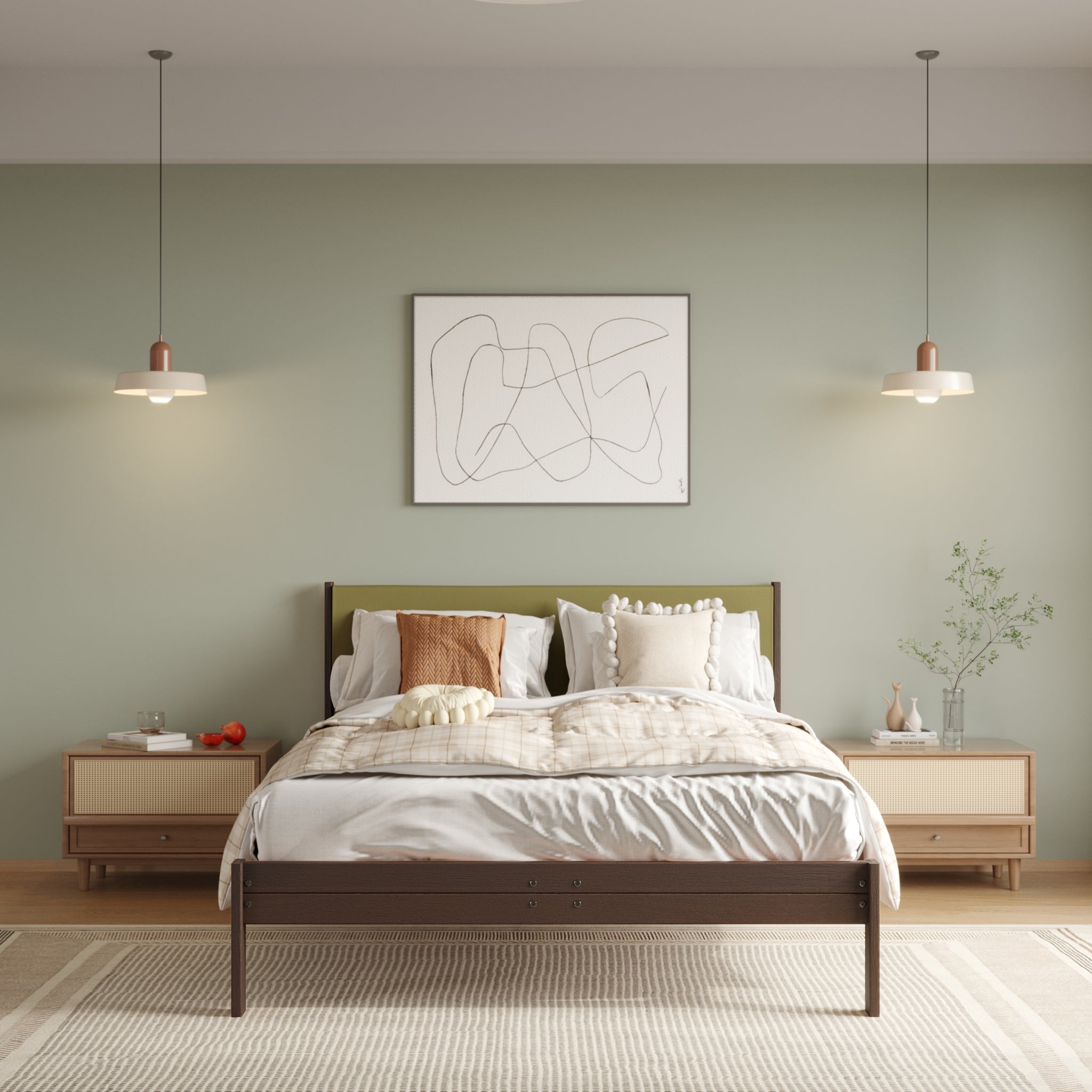 Solid Oak Bed + Headboard + Cushion