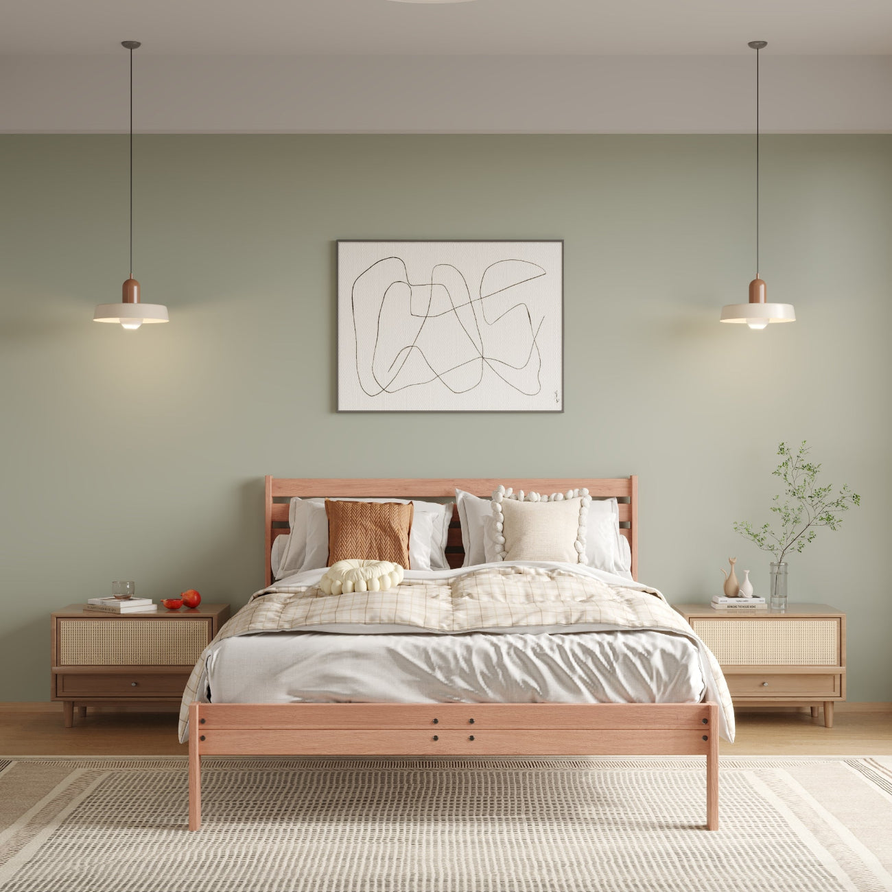 Modern bedroom with wooden bed, nightstands, and abstract art on the wall.