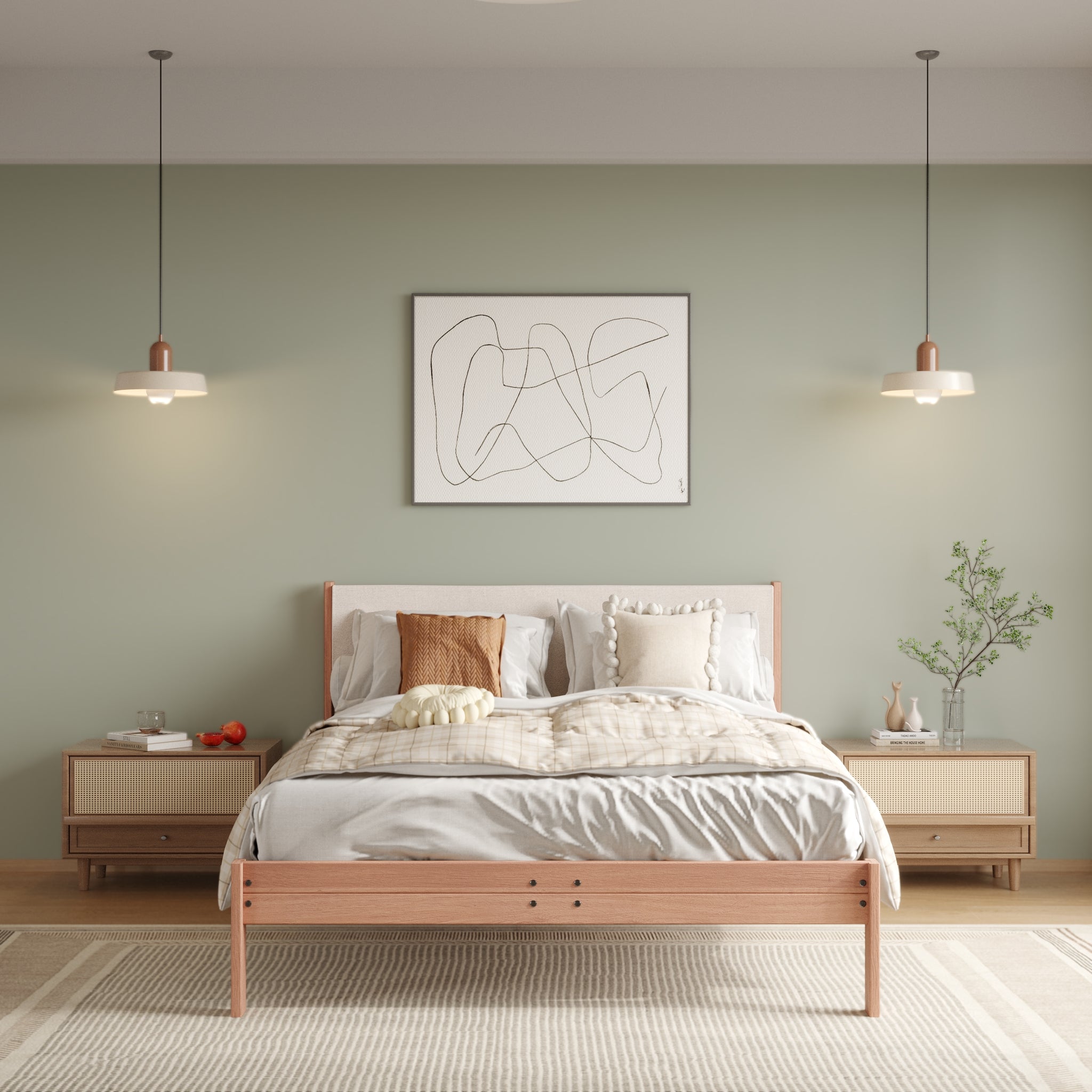 Solid Oak Bed + Headboard + Cushion