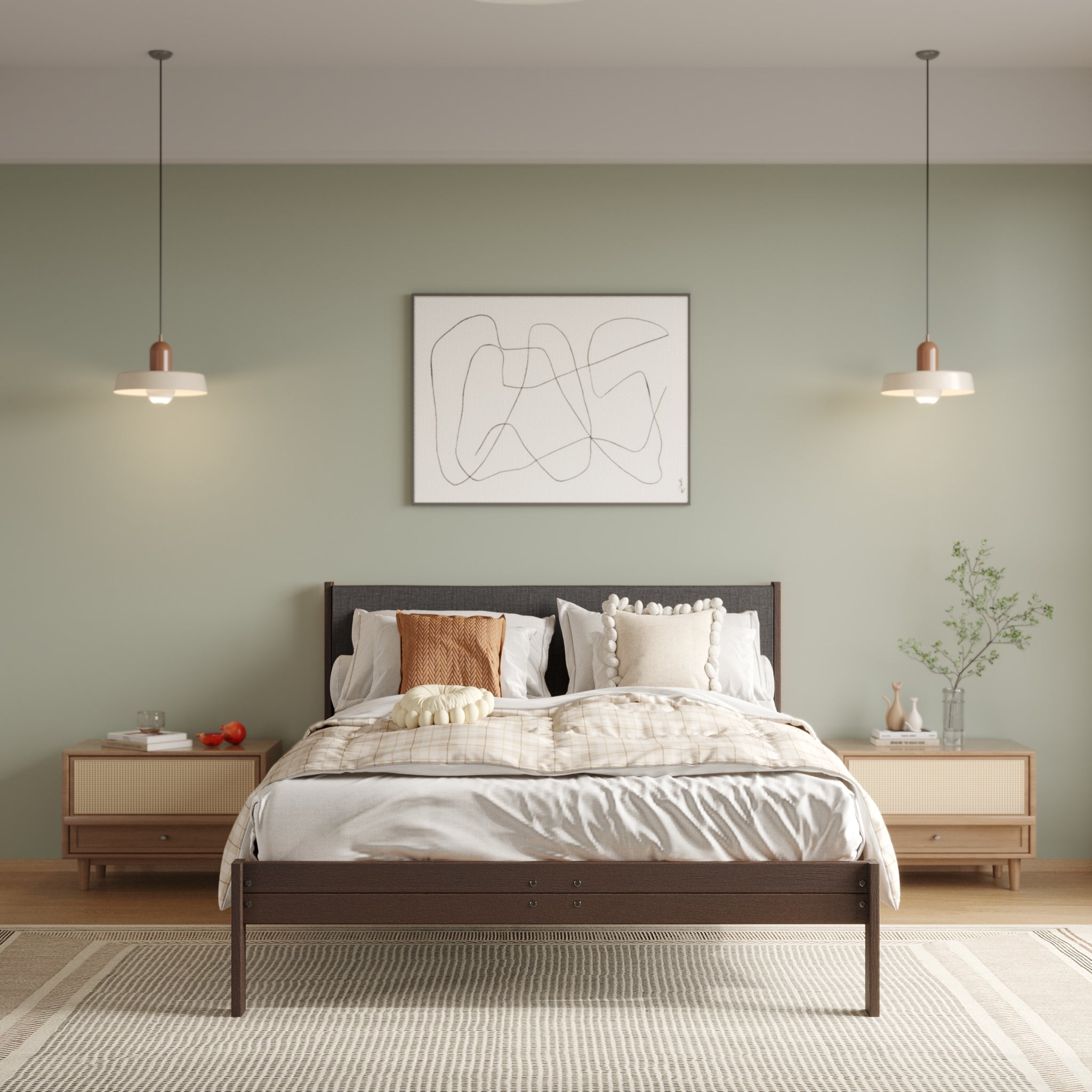 Solid Oak Bed + Headboard + Cushion