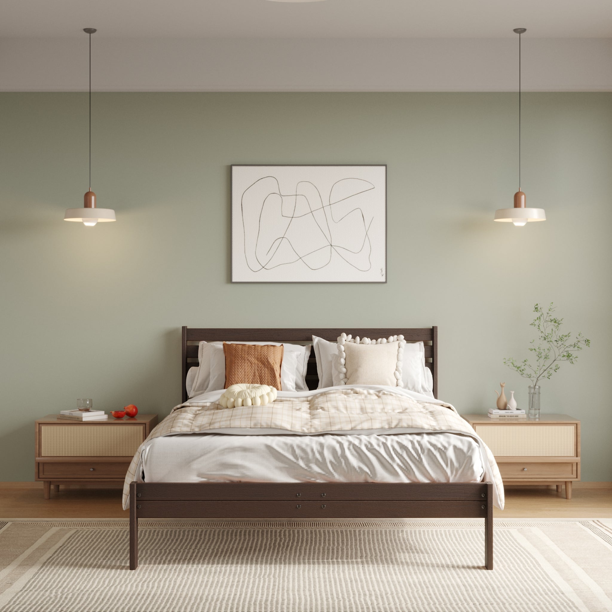 Solid Oak Bed + Headboard + Cushion