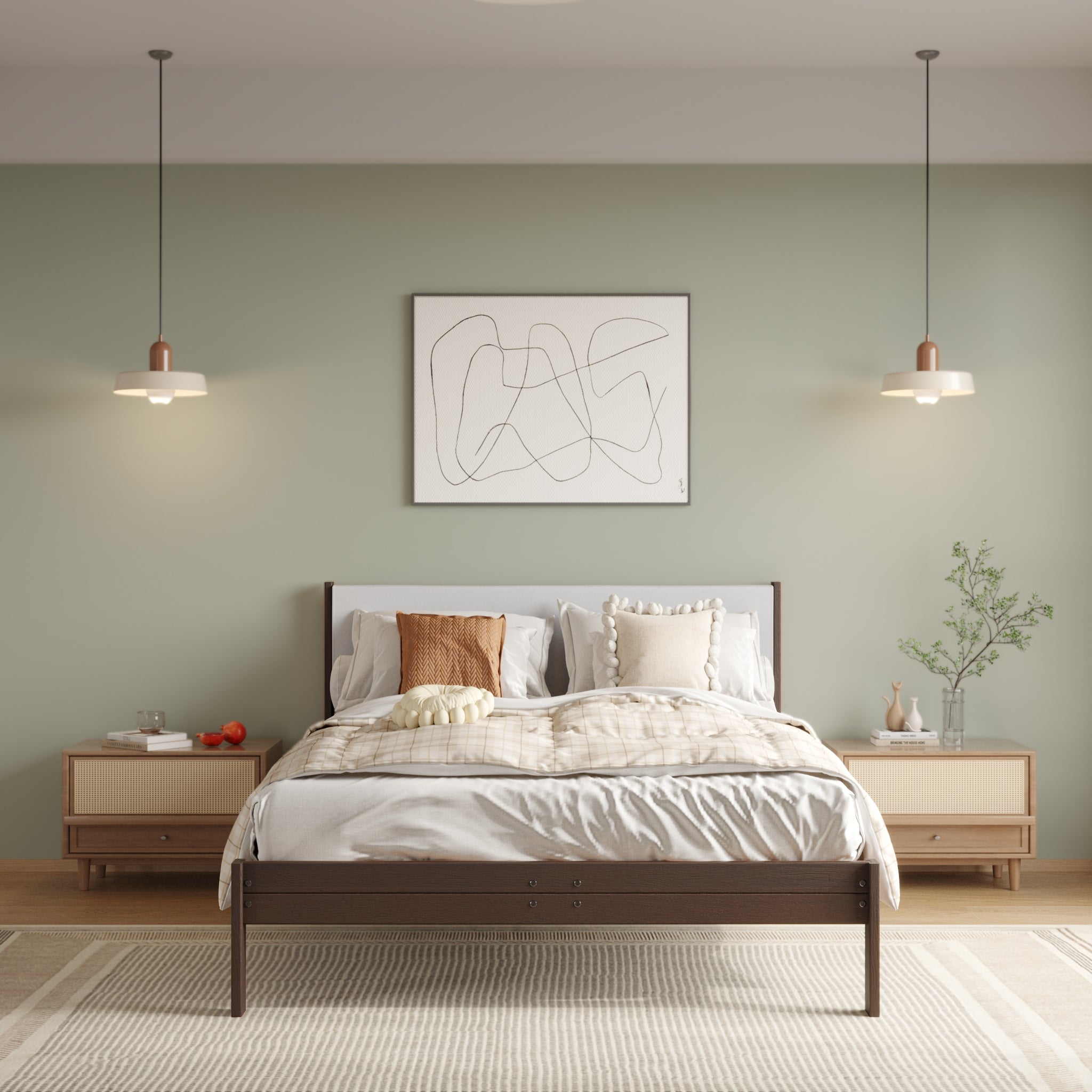 Solid Oak Bed + Headboard + Cushion