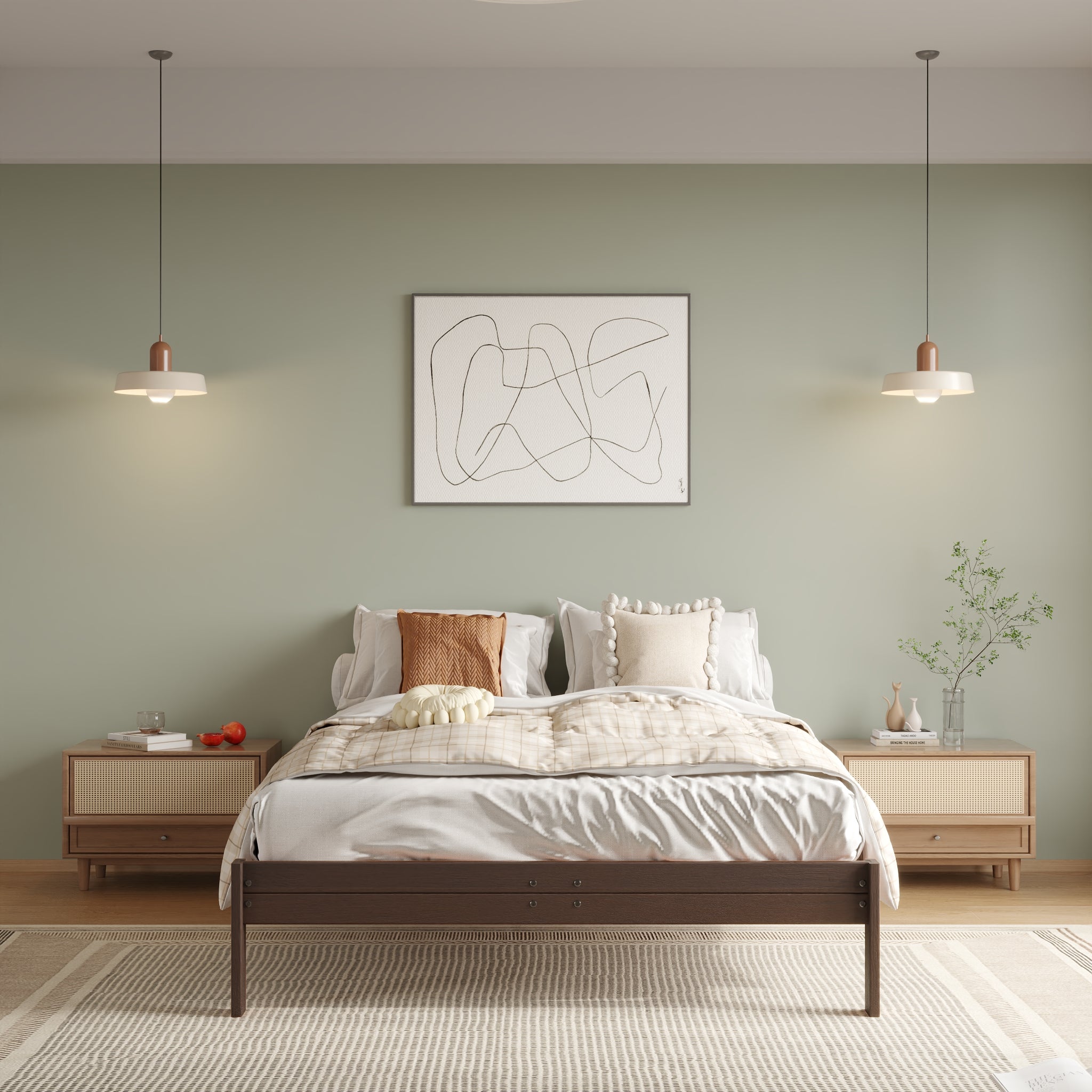 Solid Oak Bed + Headboard + Cushion