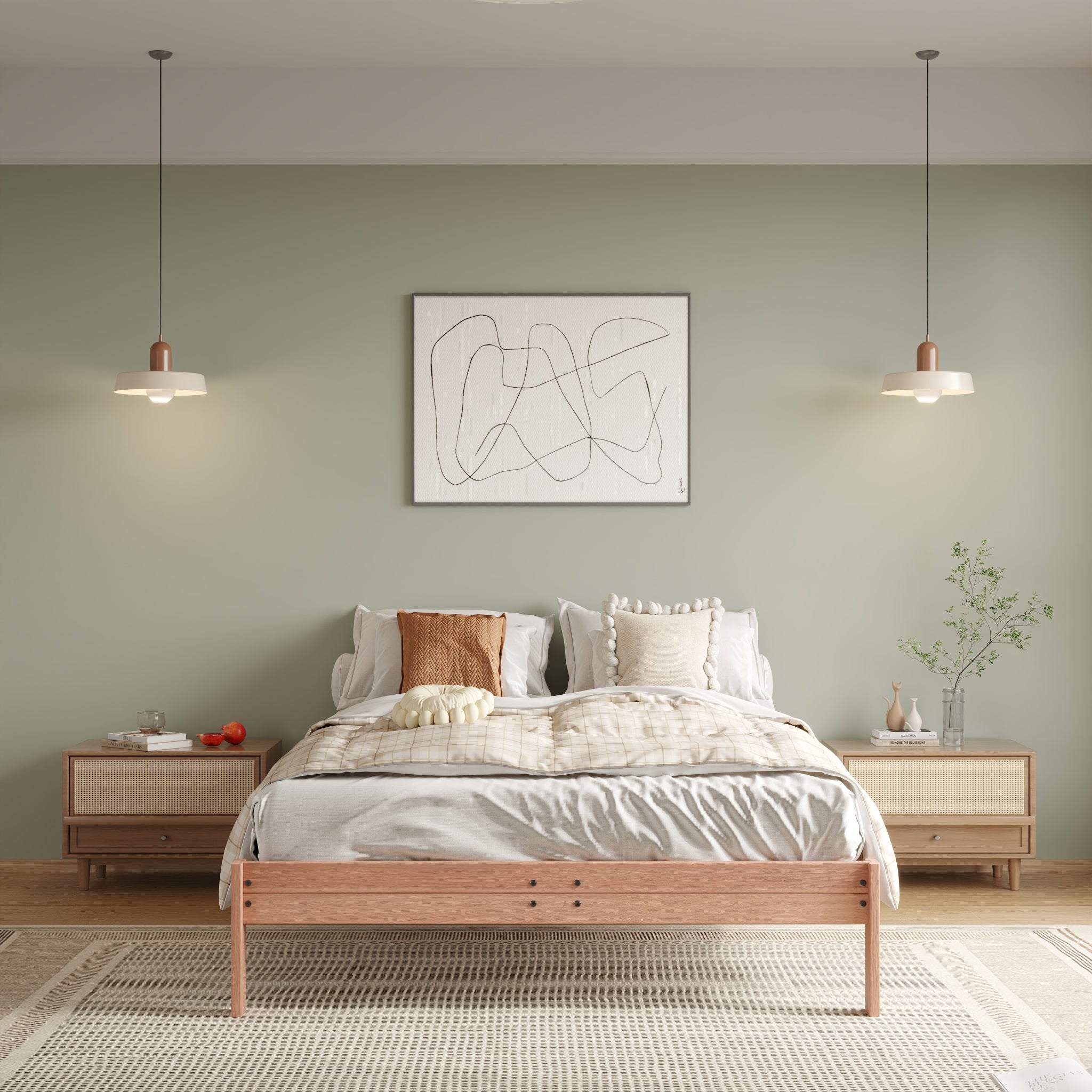 Modern bedroom with wooden bed, nightstands, and abstract art on the wall.