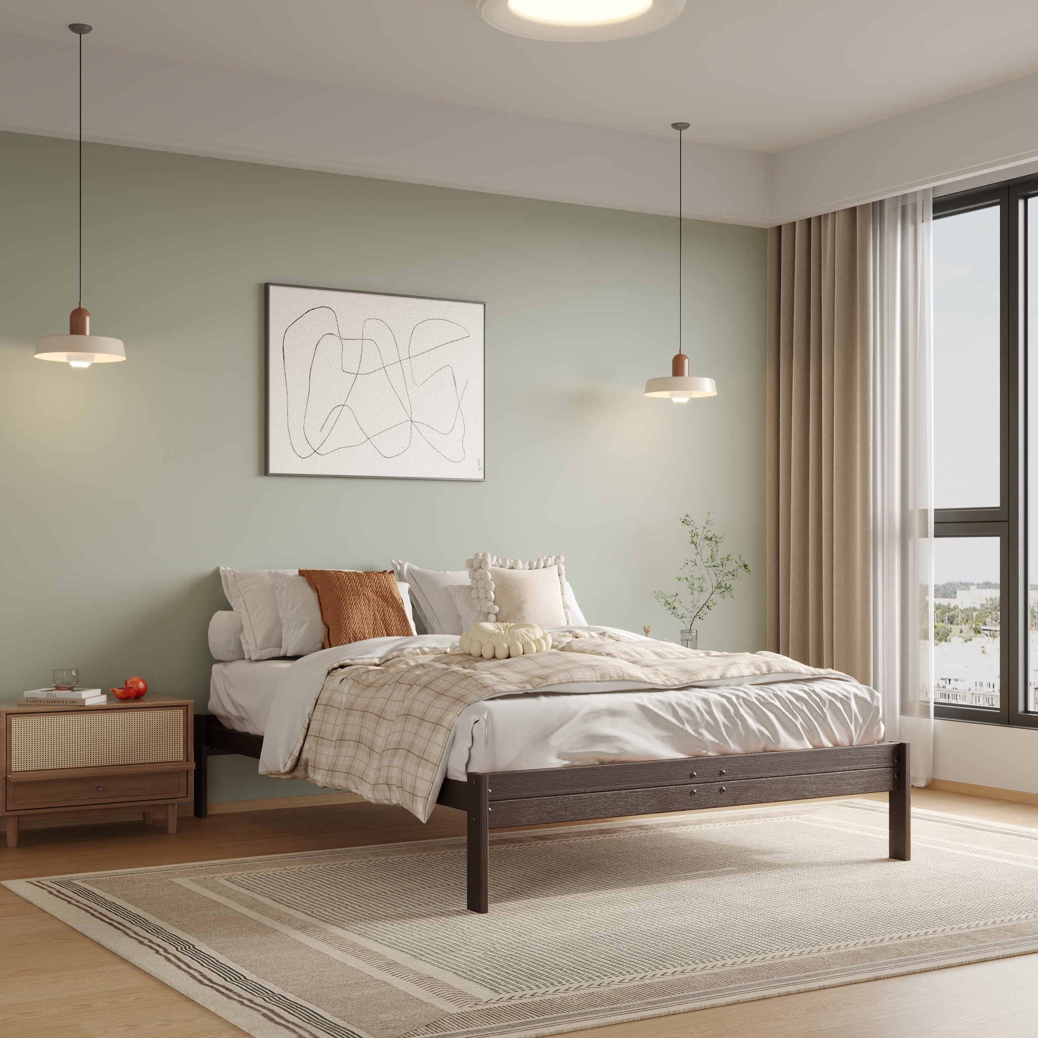 Solid Oak Bed + Headboard + Cushion