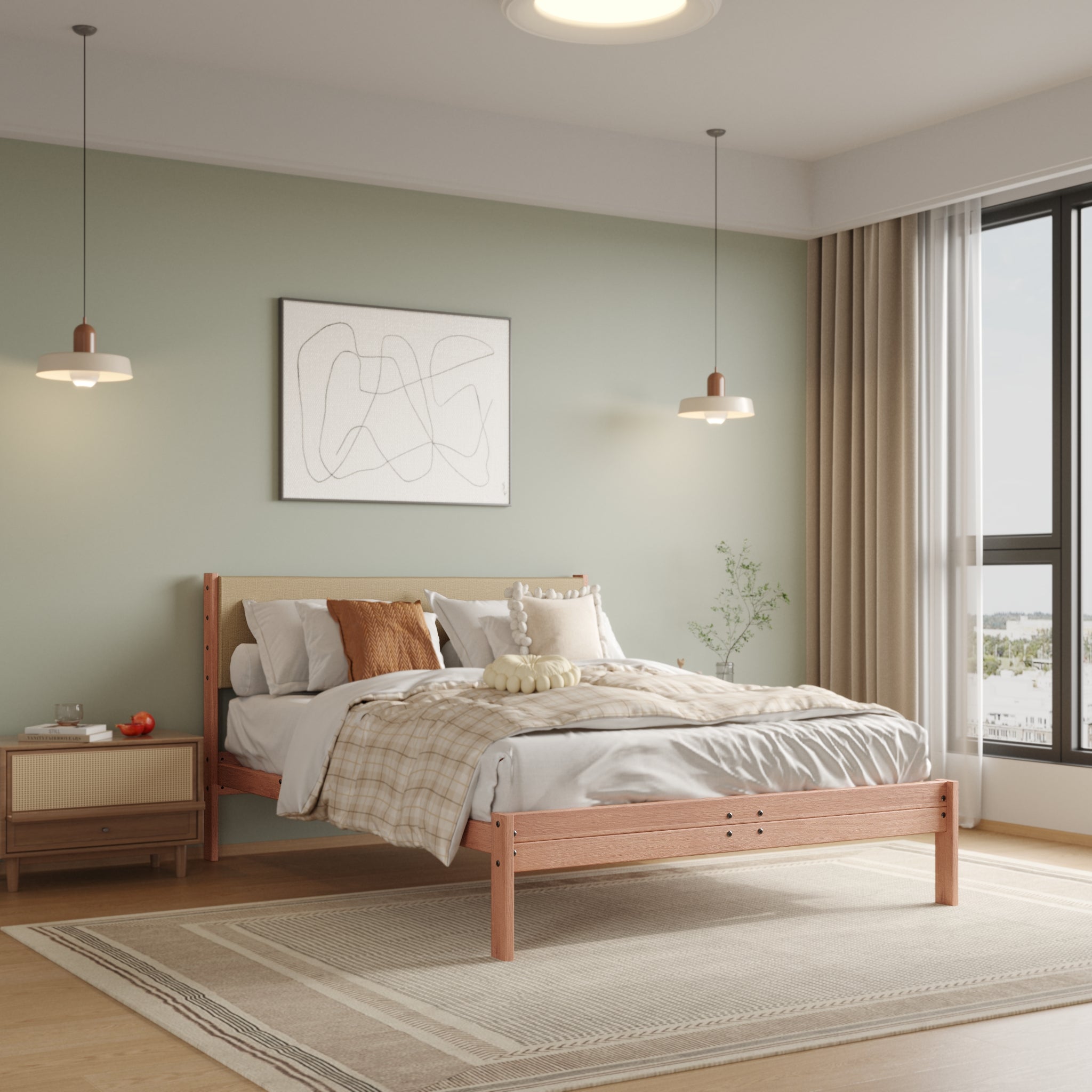 Solid Oak Bed + Headboard + Cushion