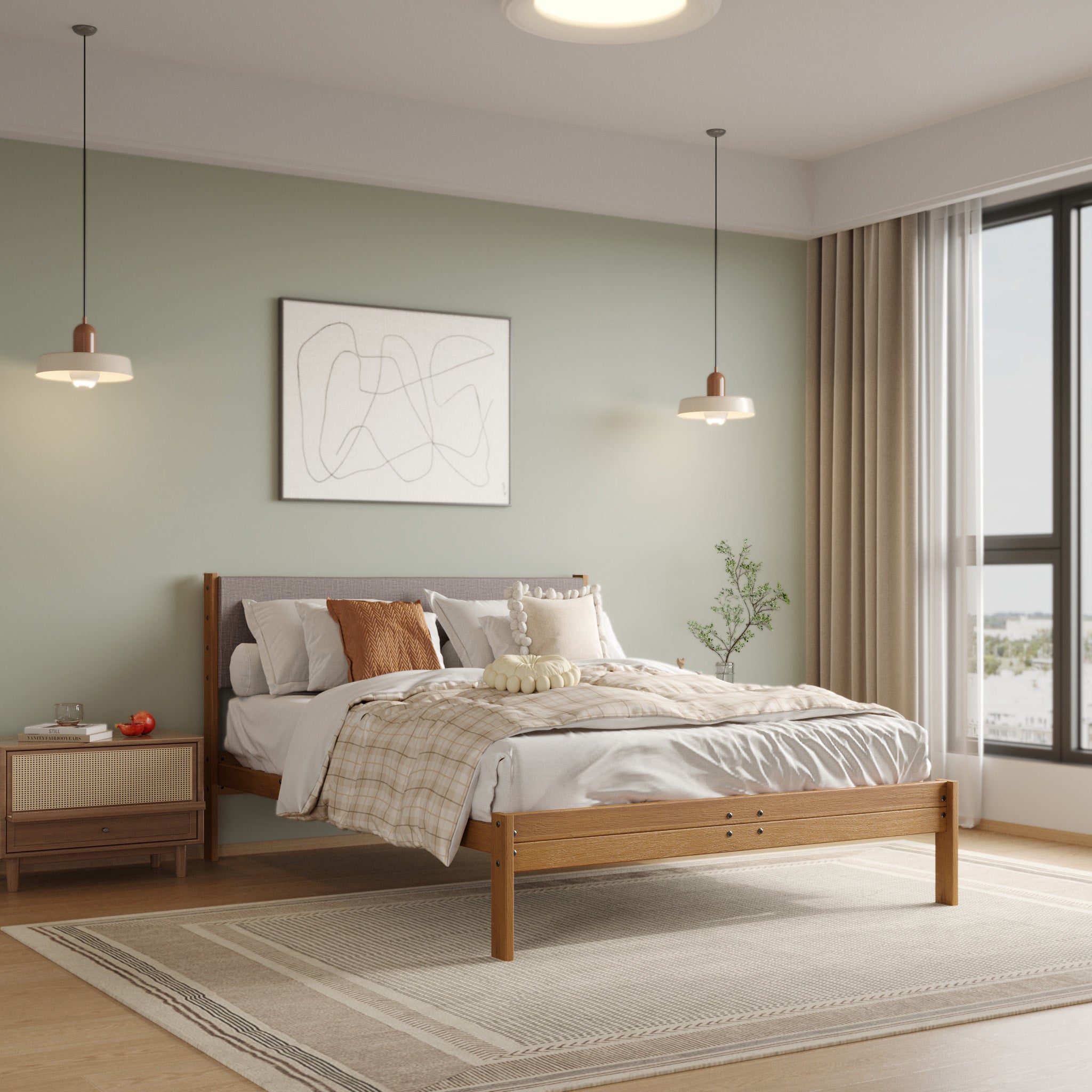 Solid Oak Bed + Headboard + Cushion