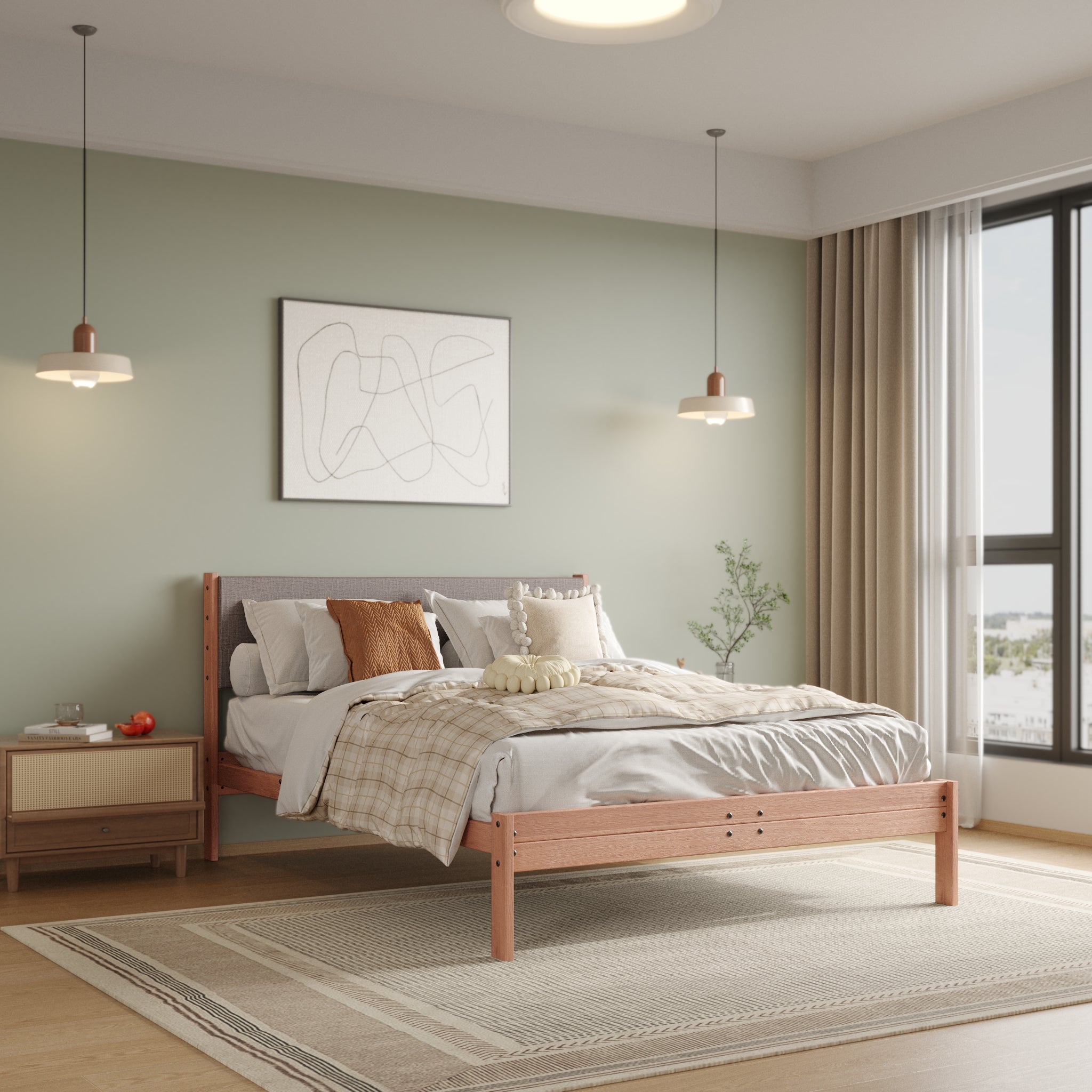 Solid Oak Bed + Headboard + Cushion