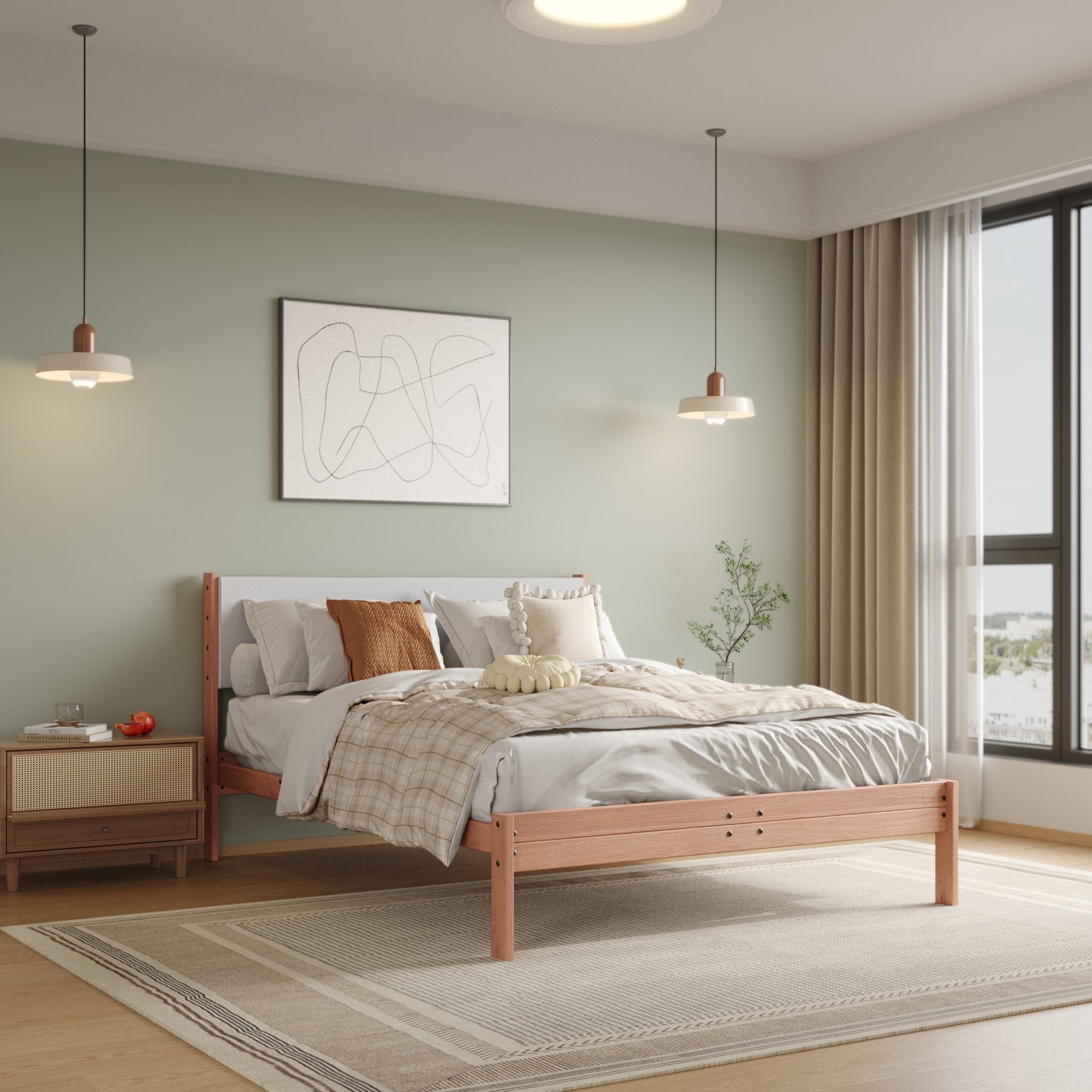 Solid Oak Bed + Headboard + Cushion
