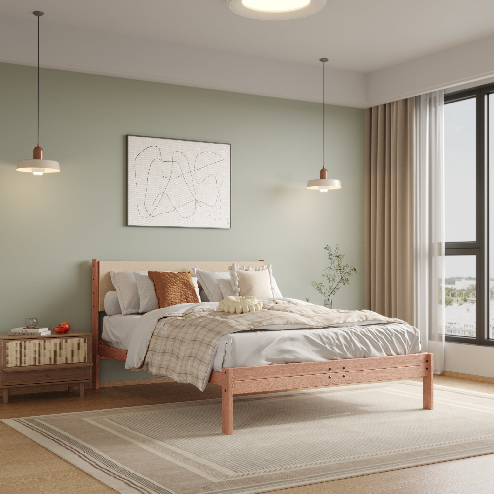 Solid Oak Bed + Headboard + Cushion