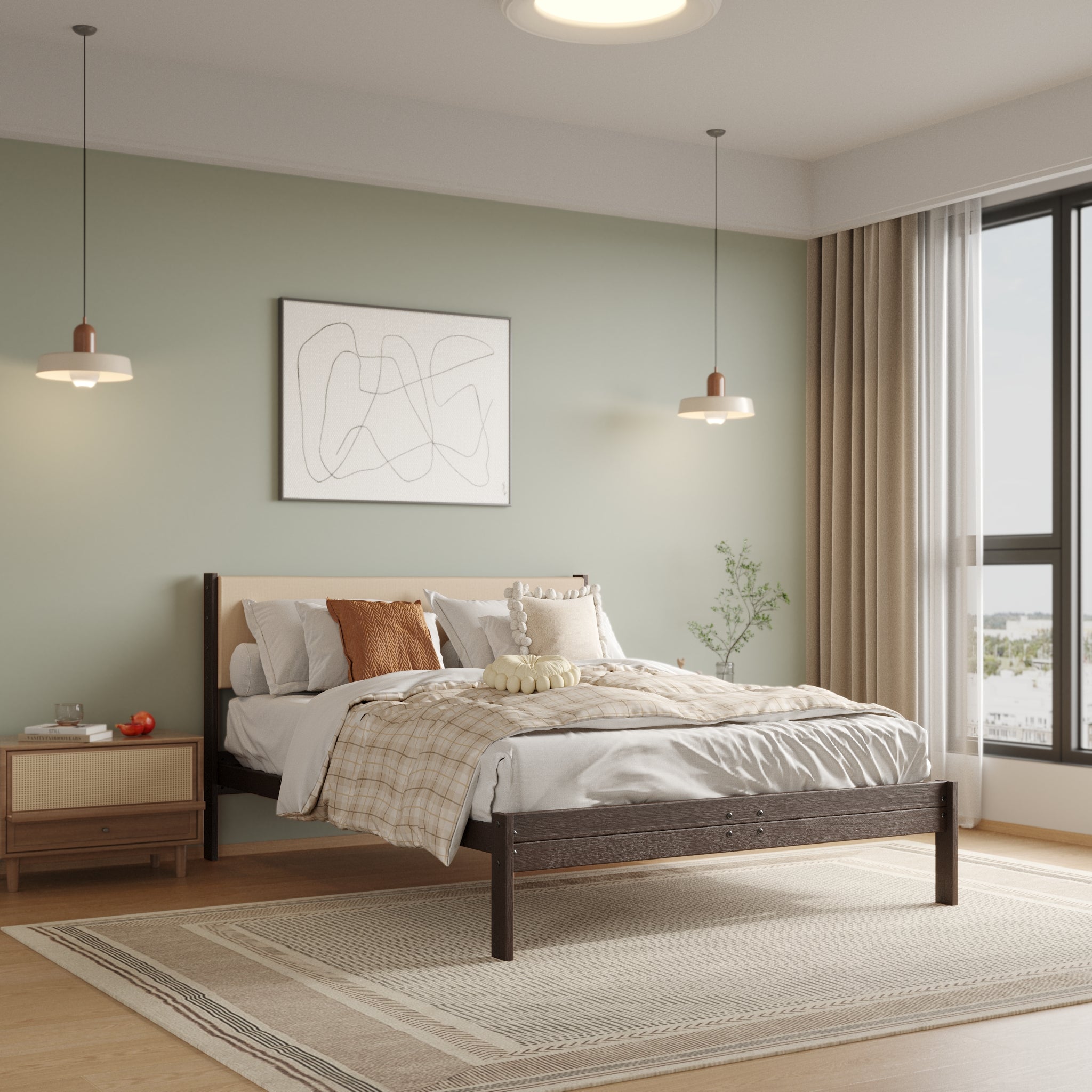 Solid Oak Bed + Headboard + Cushion