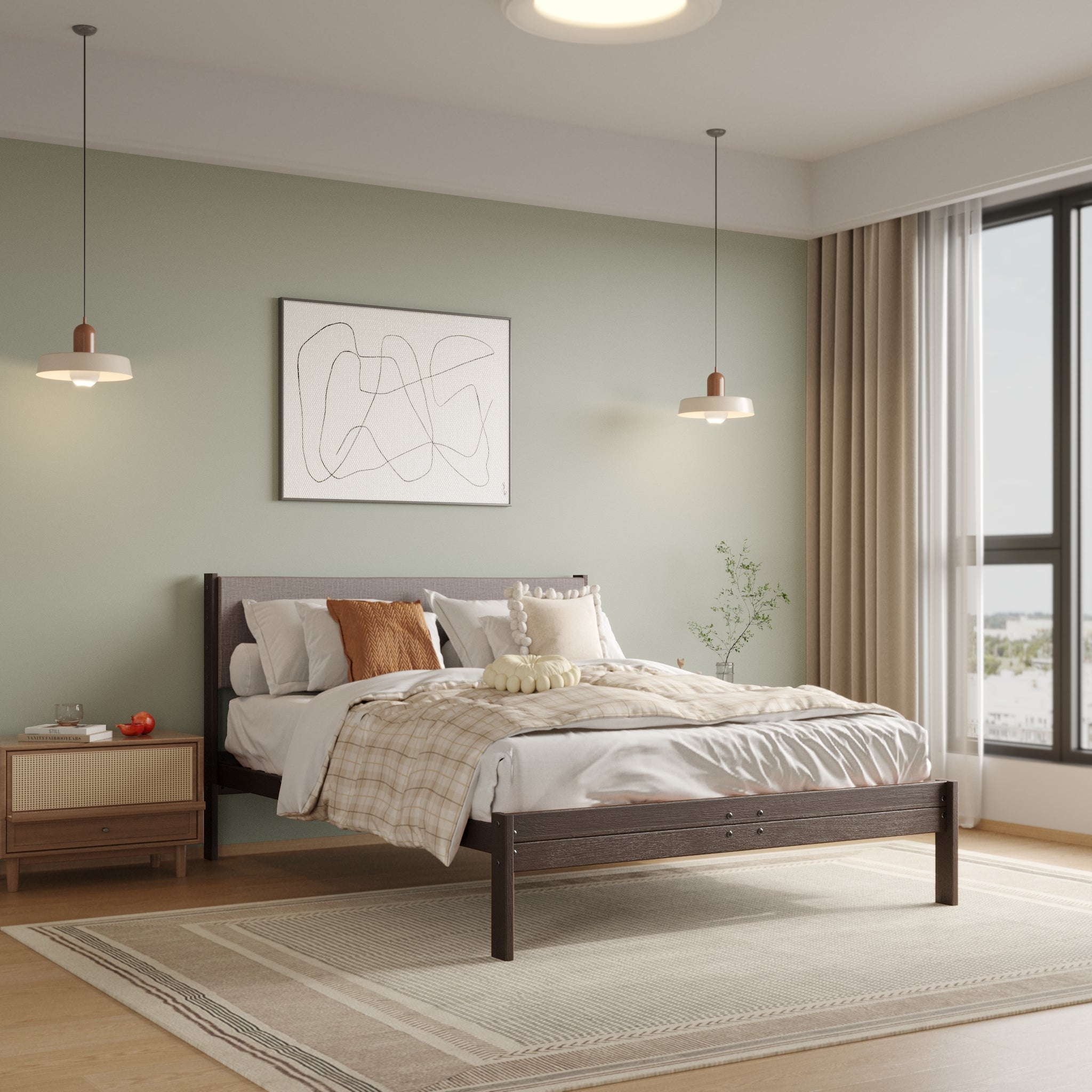 Solid Oak Bed + Headboard + Cushion