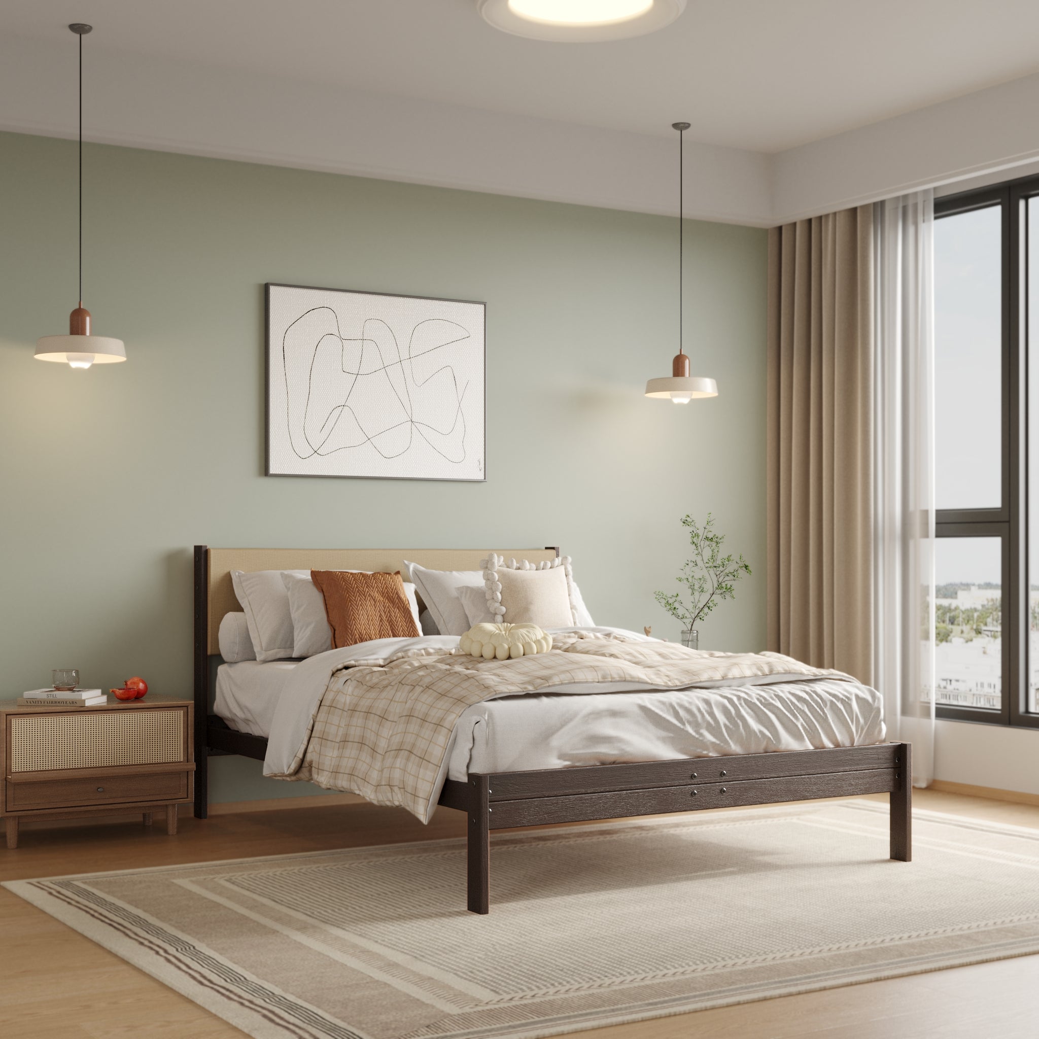 Solid Oak Bed + Headboard + Cushion