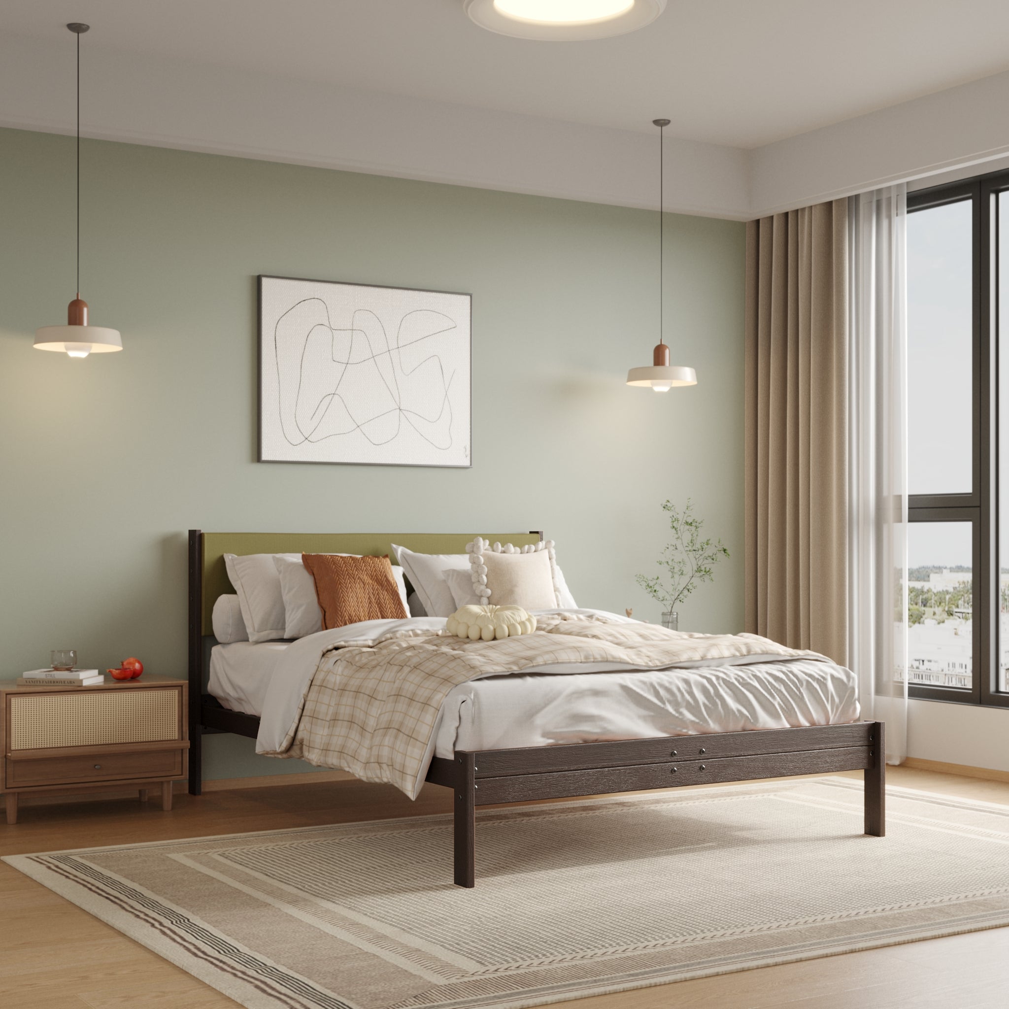 Solid Oak Bed + Headboard + Cushion