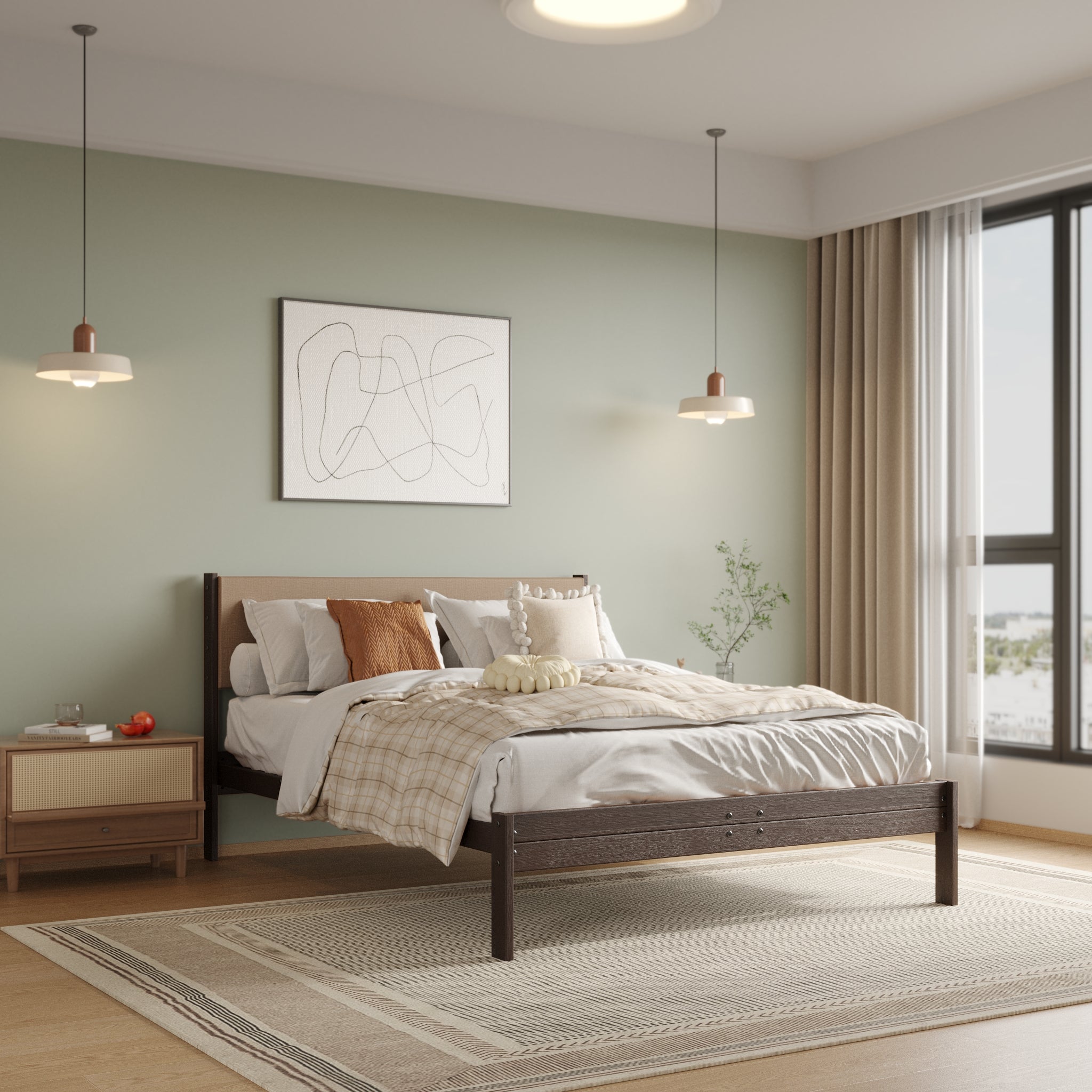 Solid Oak Bed + Headboard + Cushion