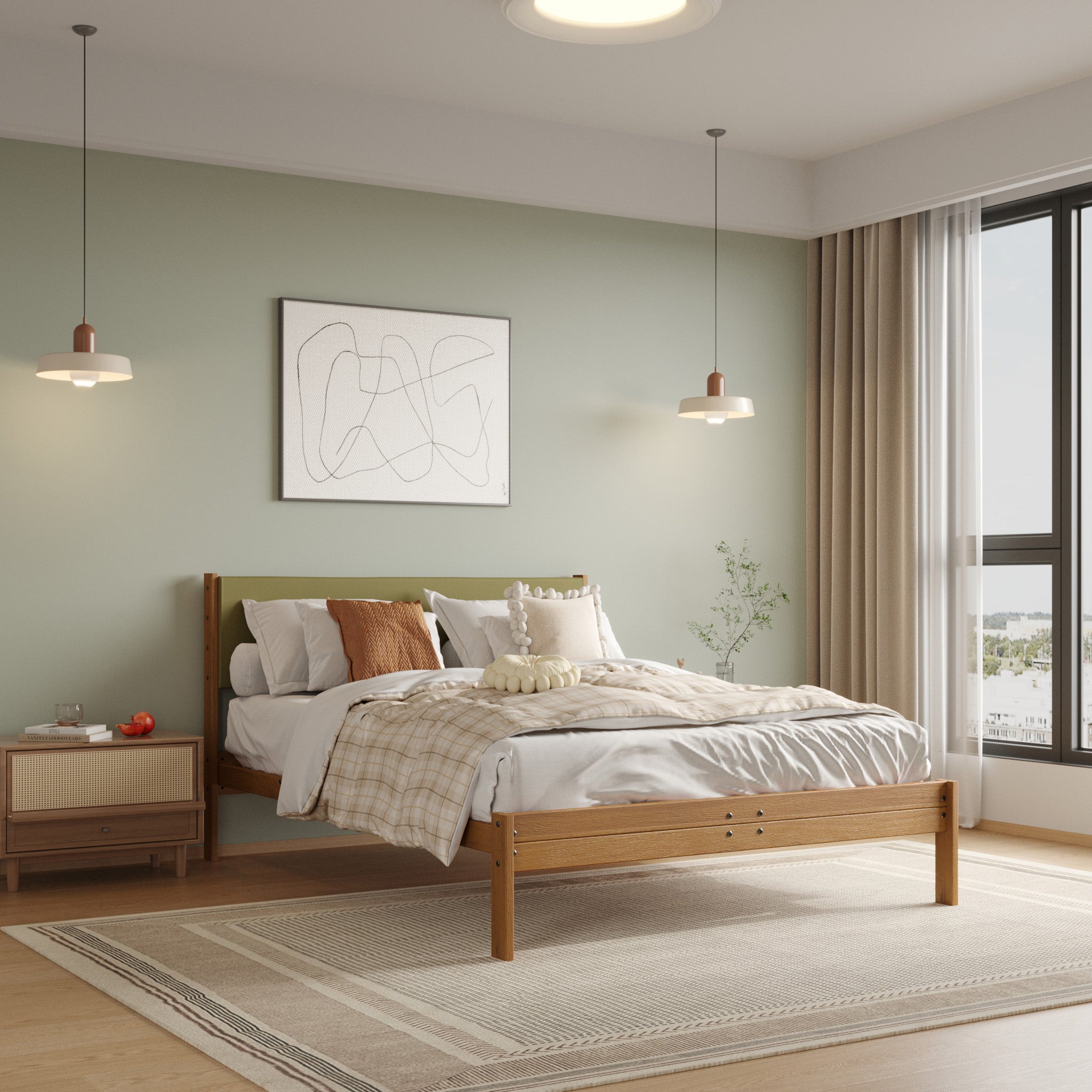Solid Oak Bed + Headboard + Cushion