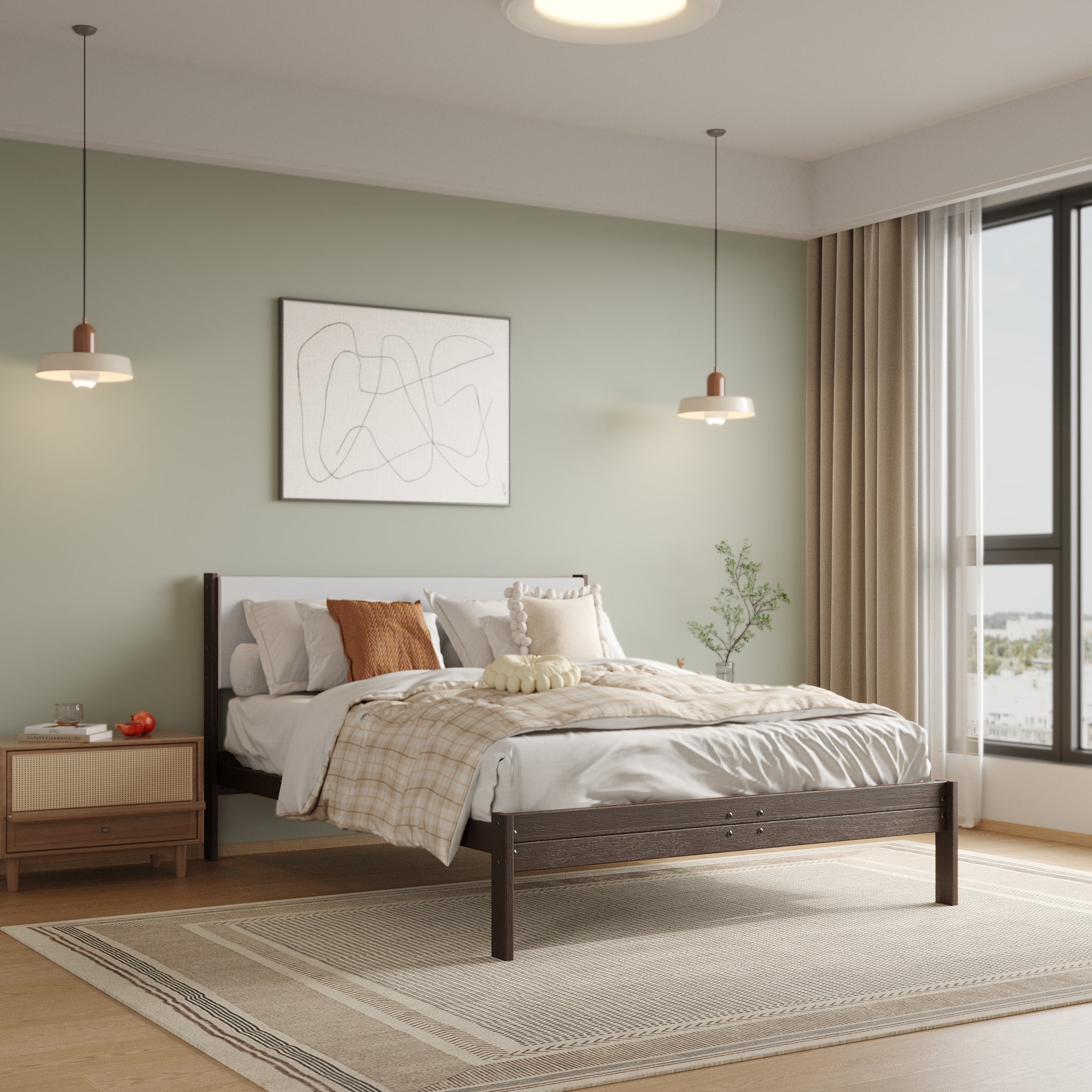 Solid Oak Bed + Headboard + Cushion