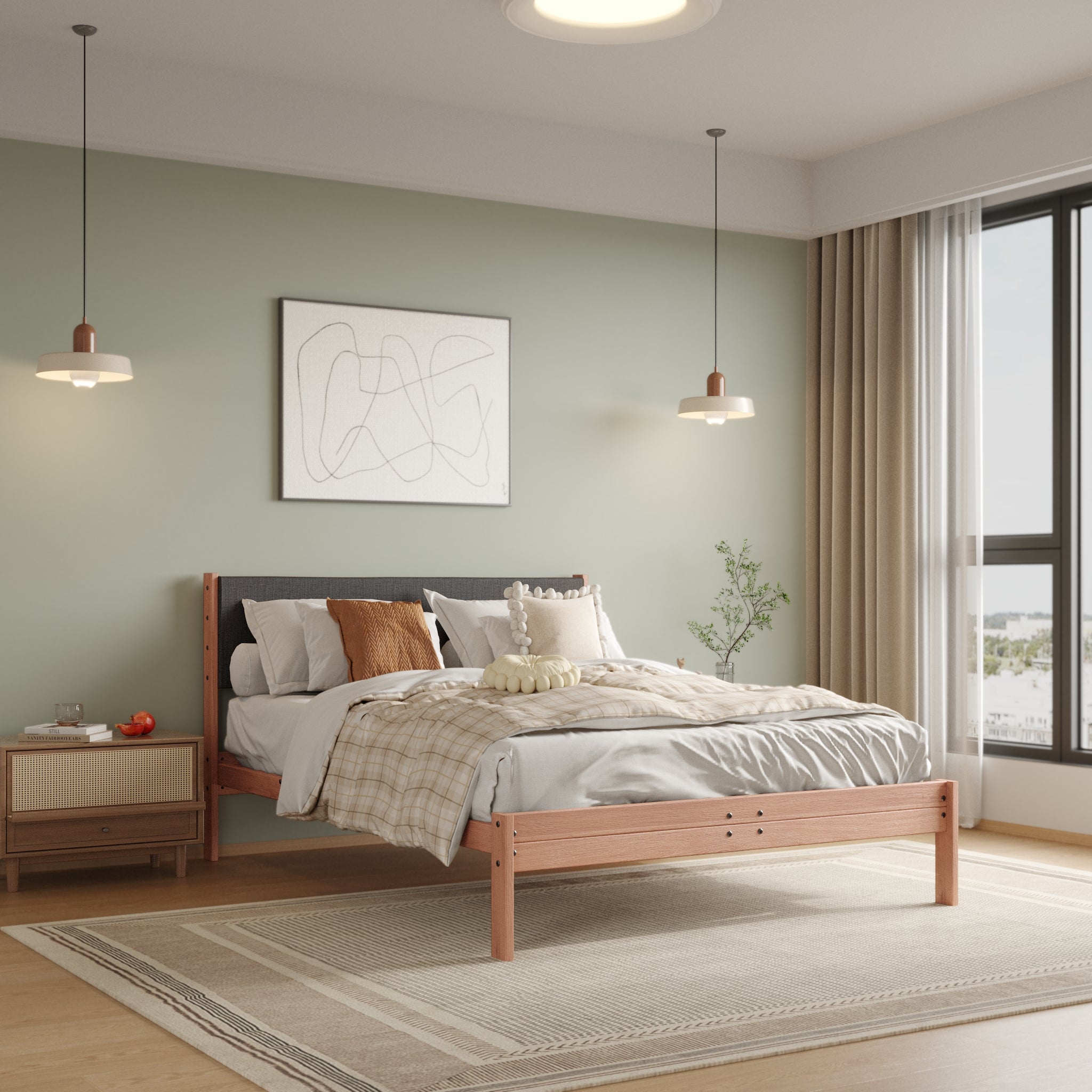 Solid Oak Bed + Headboard + Cushion