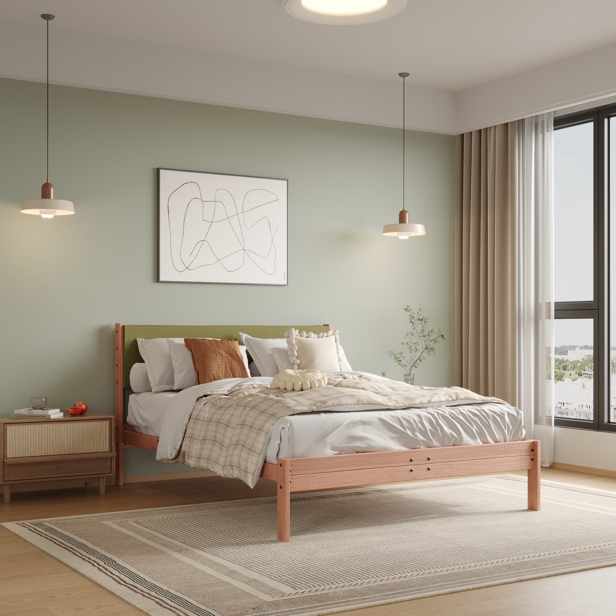 Solid Oak Bed + Headboard + Cushion
