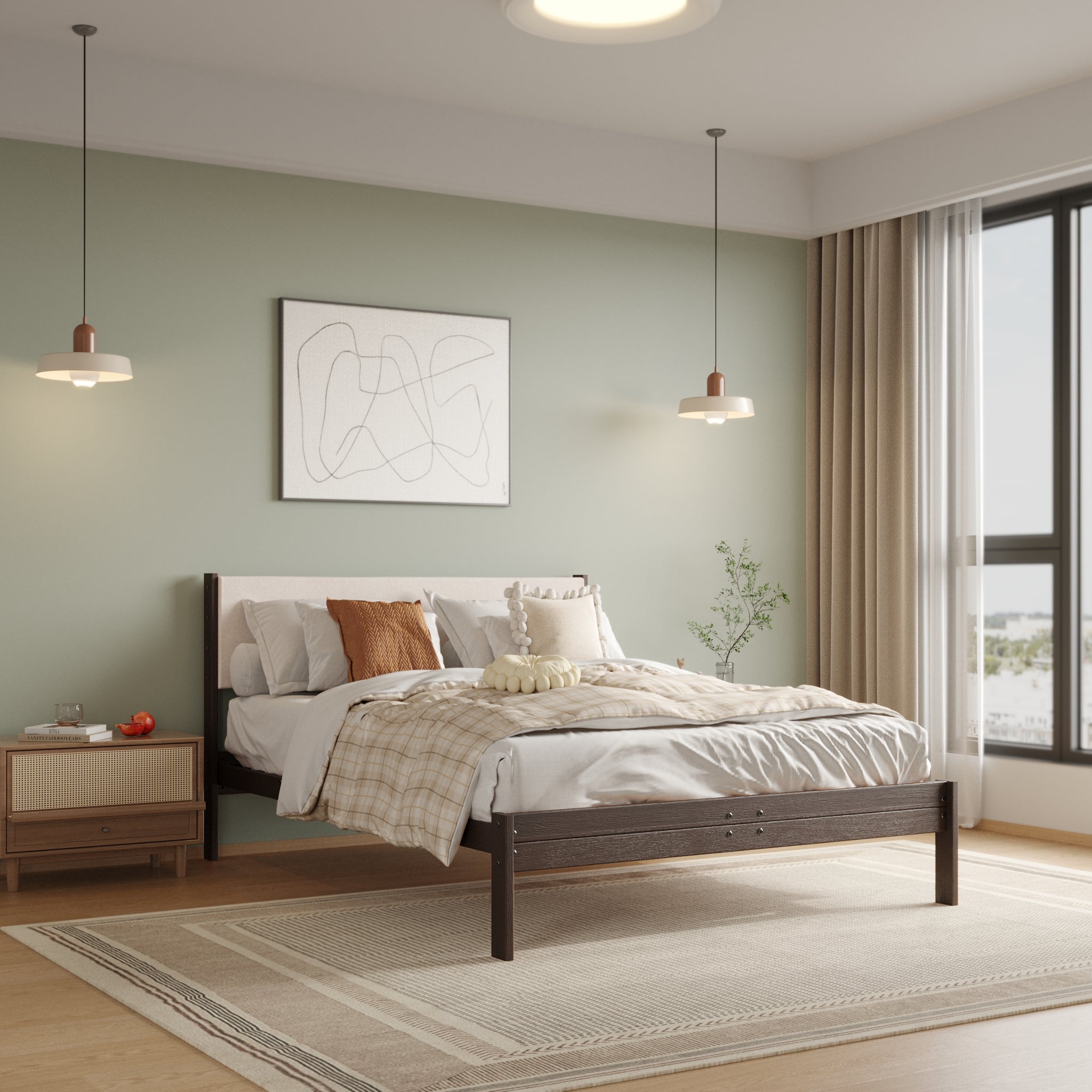 Solid Oak Bed + Headboard + Cushion