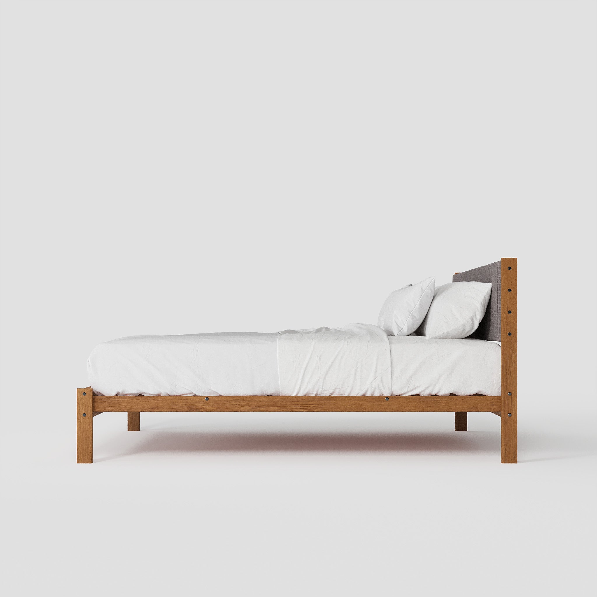 Solid Oak Bed + Headboard + Cushion