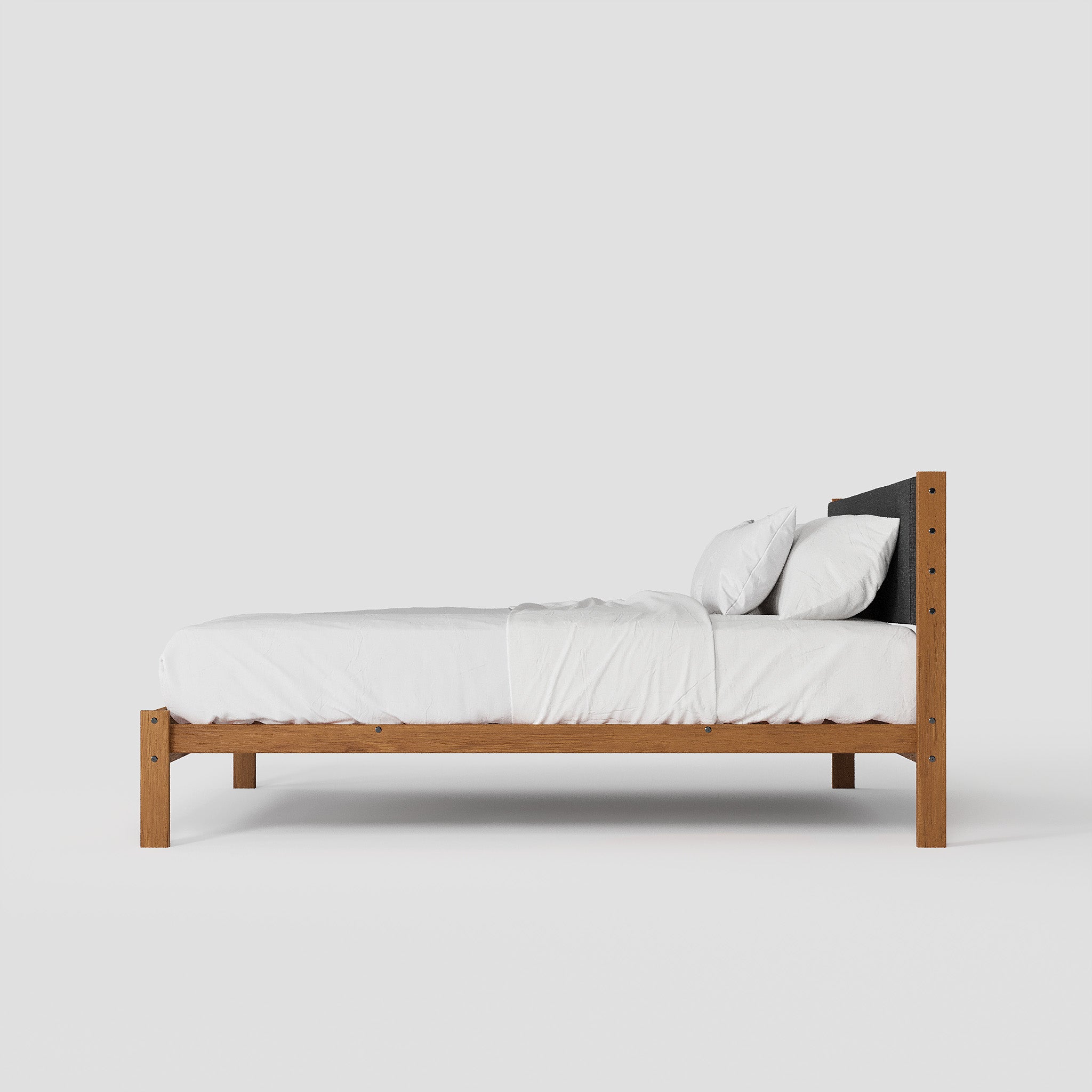 Solid Oak Bed + Headboard + Cushion