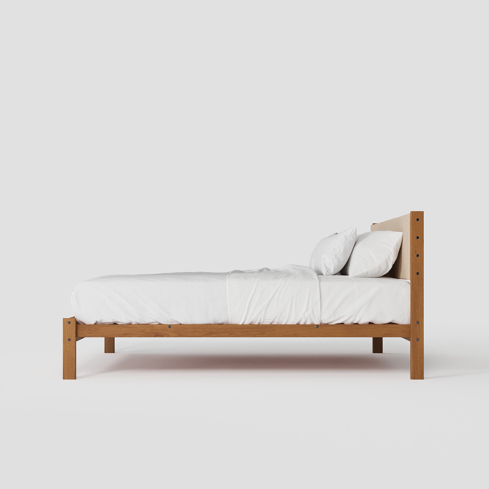 Solid Oak Bed + Headboard + Cushion