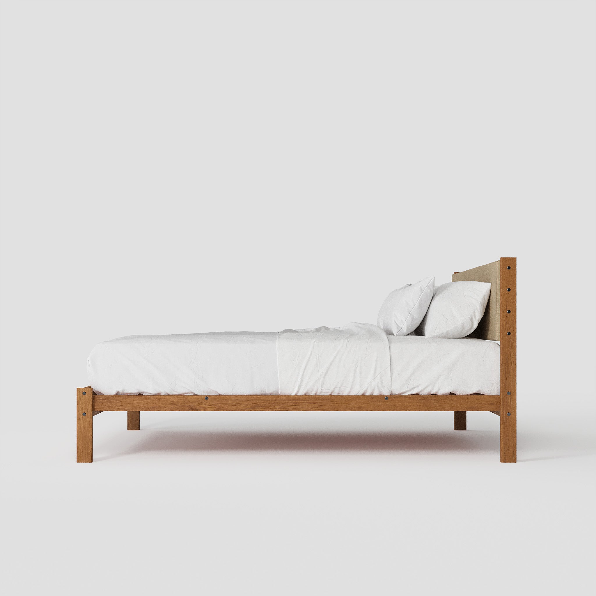 Solid Oak Bed + Headboard + Cushion