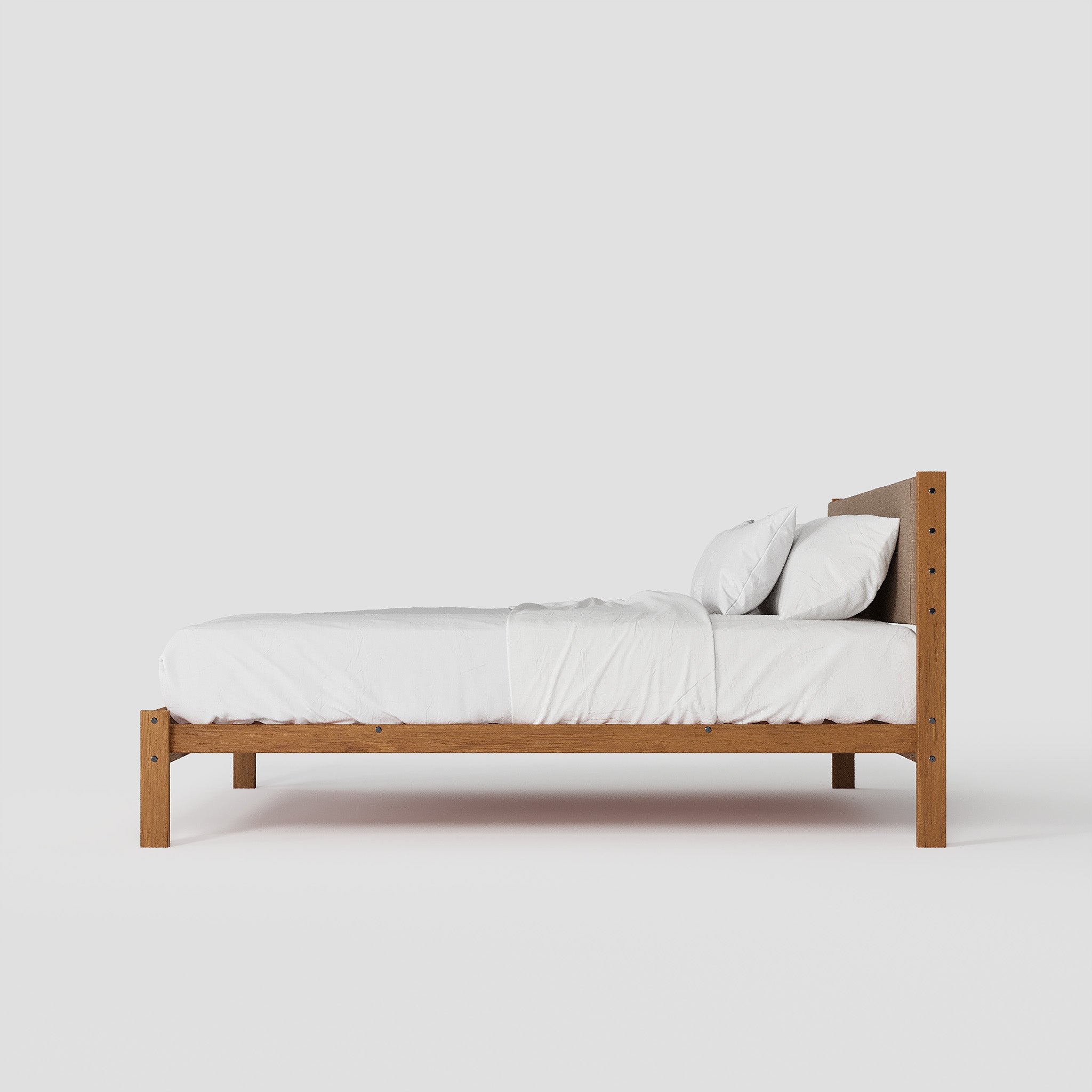 Solid Oak Bed + Headboard + Cushion