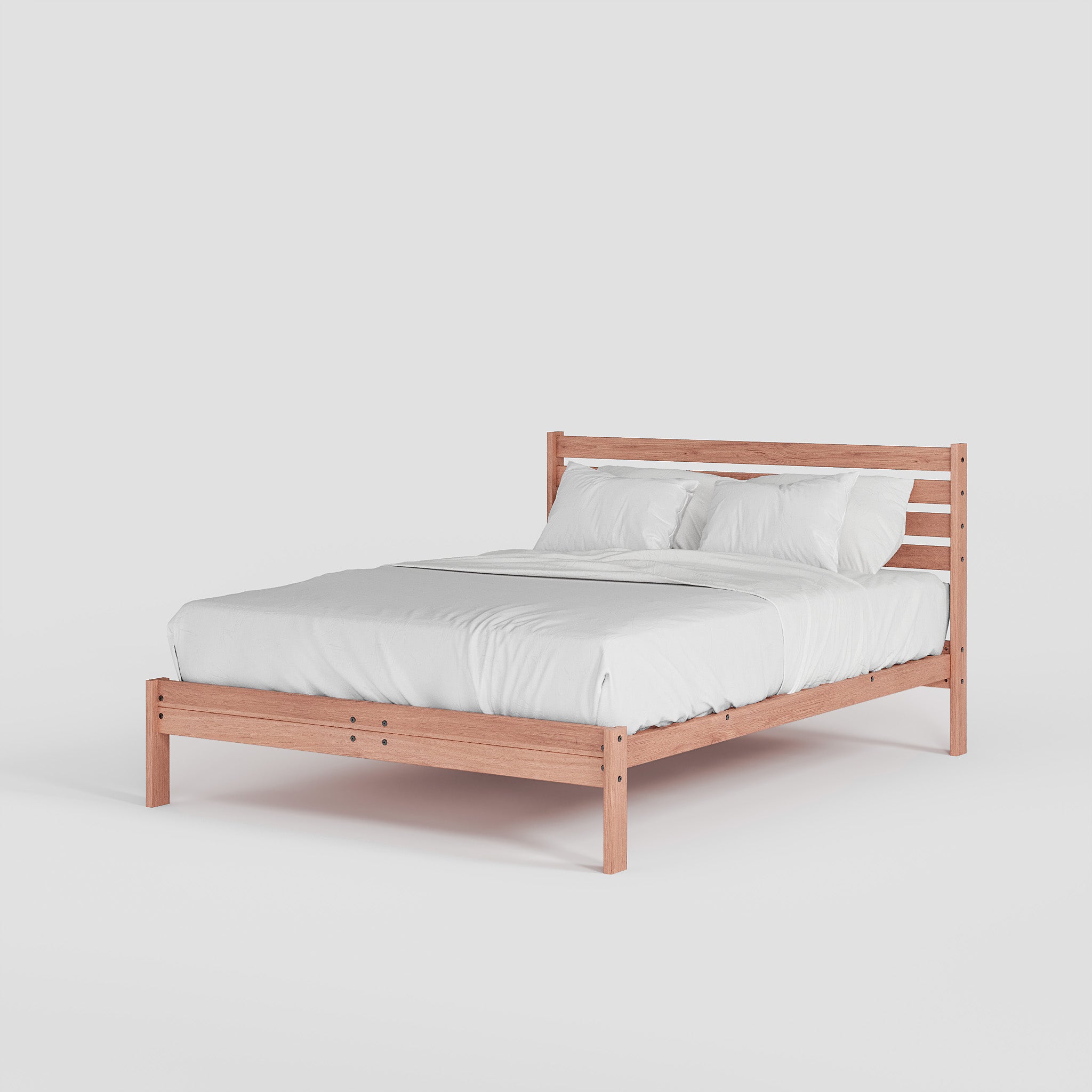 Wooden bed frame with white bedding on a light gray background