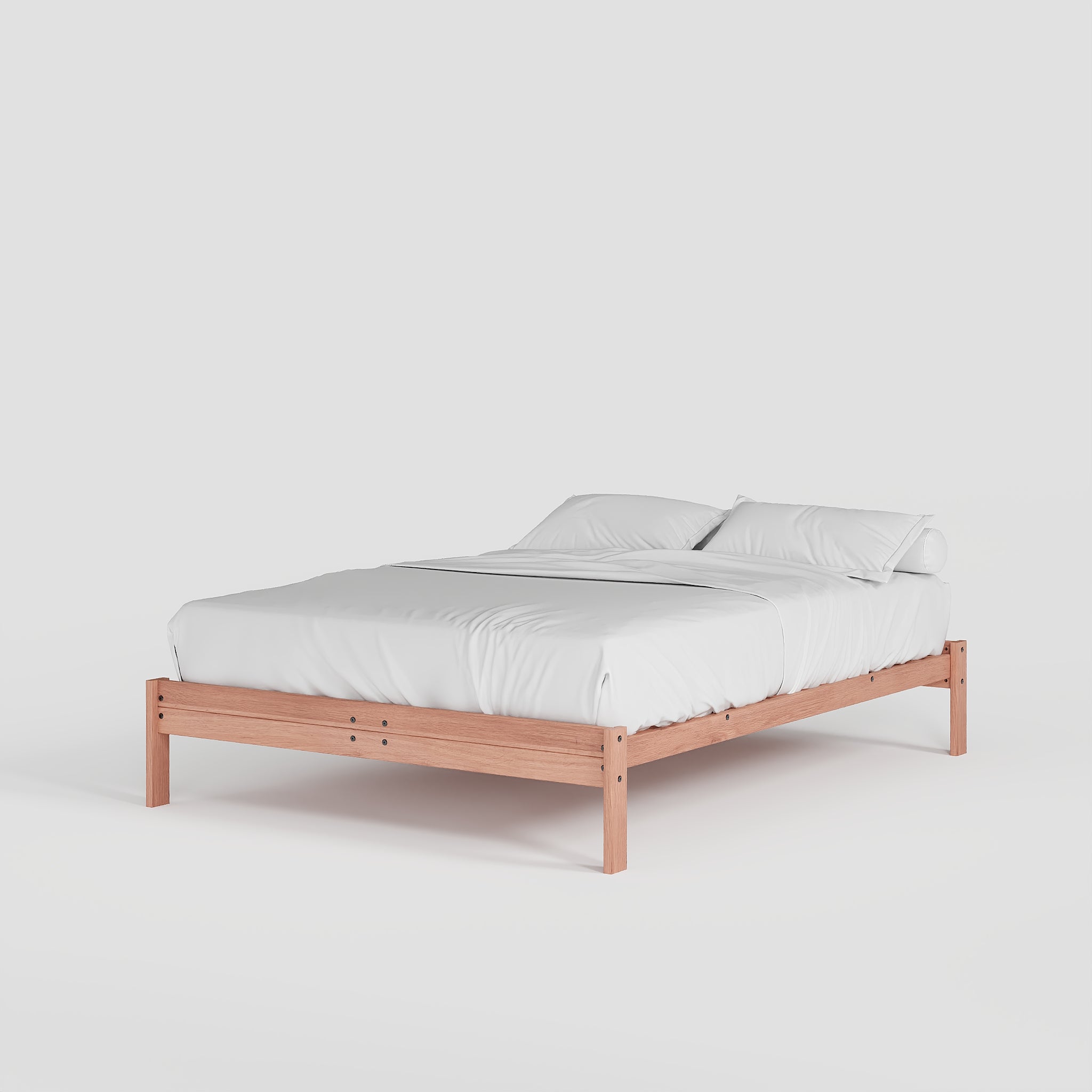 Wooden bed frame with white bedding on a light gray background